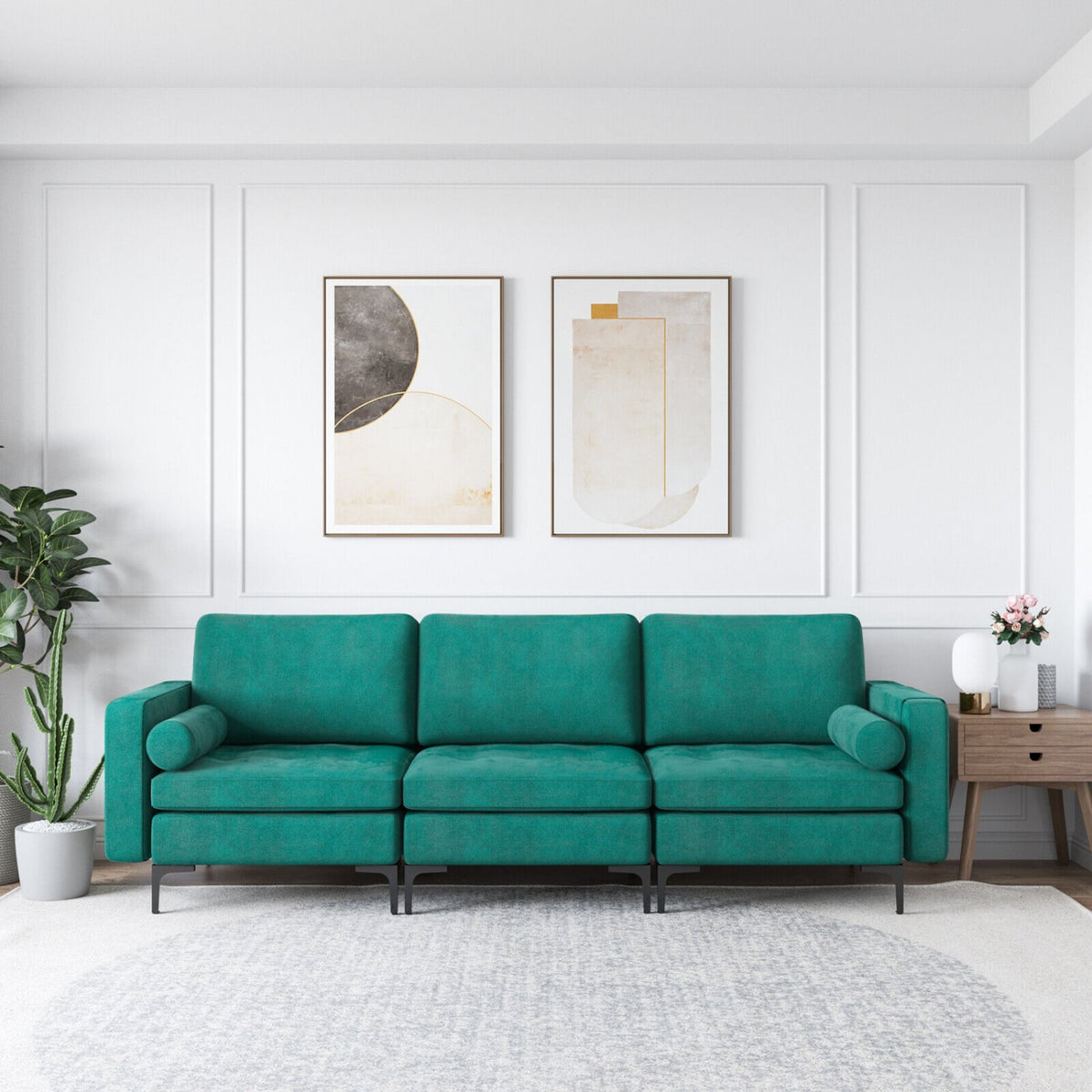 3-Seat Modular Sectional Sofa - Peacock Blue Suede with Storage-Sofas & Loveseats-DECOROLALA