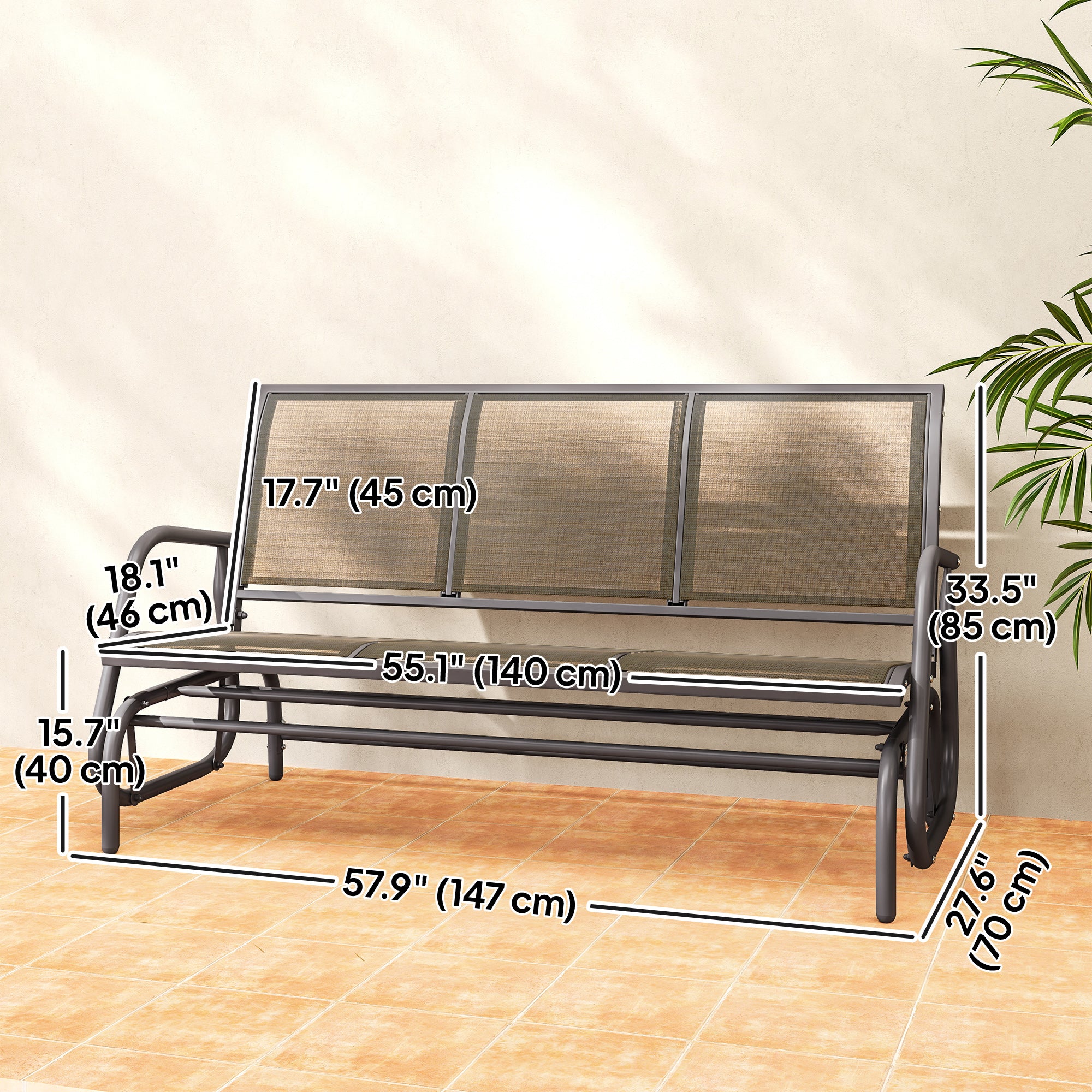 3-Seat Outdoor Glider Chair, Steel Frame, Sling Fabric, Brown, Garden Patio Rocking Chair-DECOROLALA