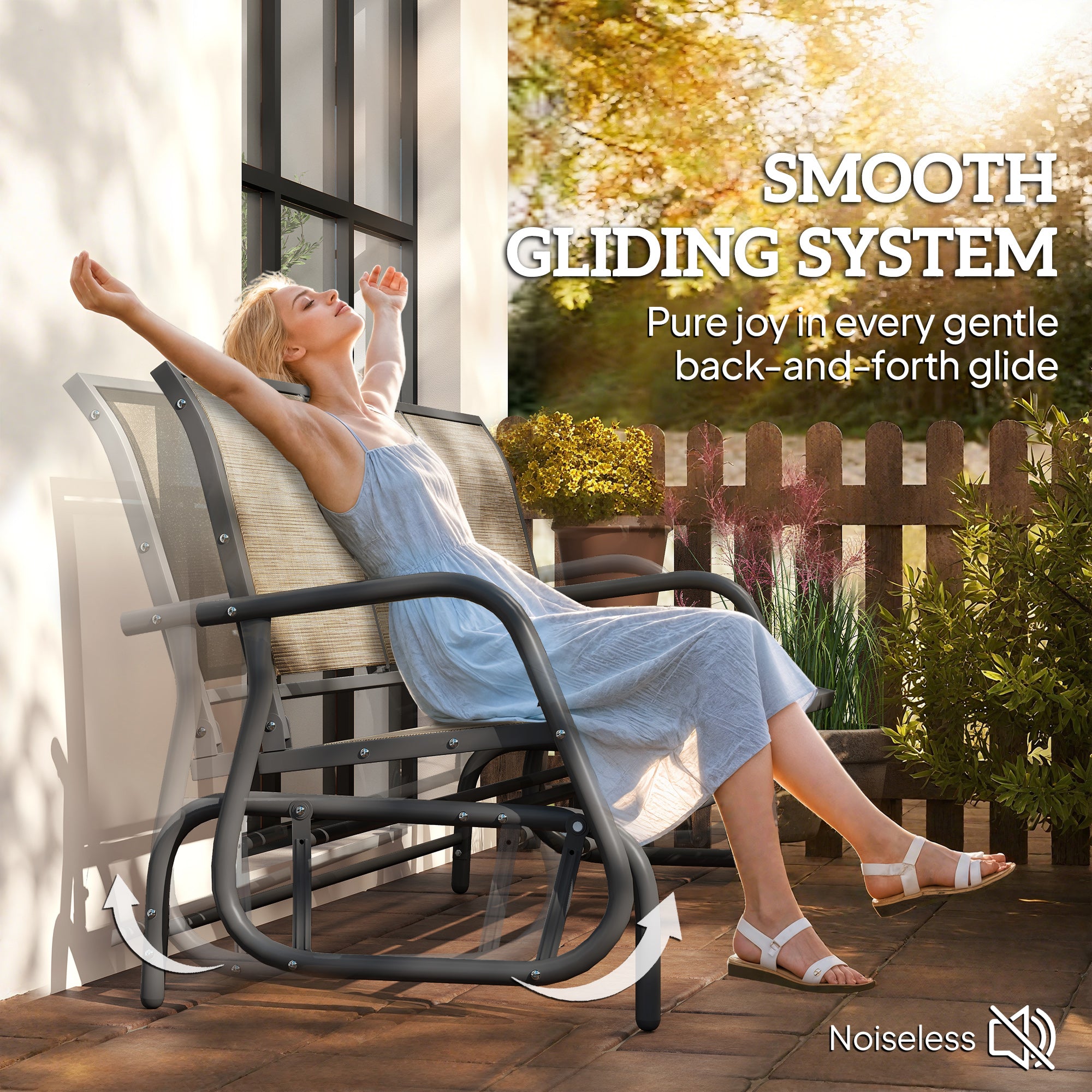 3-Seat Outdoor Glider Chair, Steel Frame, Sling Fabric, Brown, Garden Patio Rocking Chair-DECOROLALA
