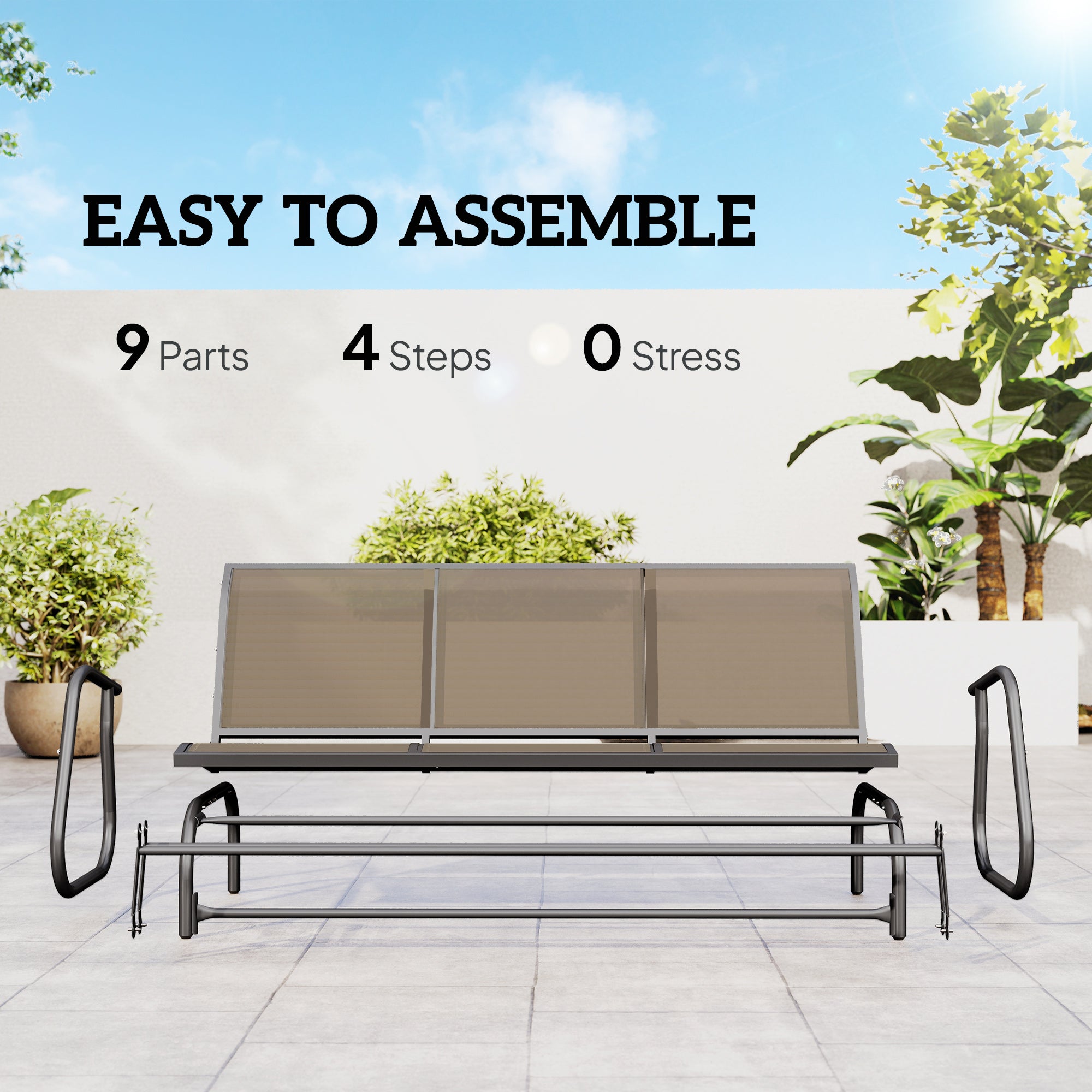 3-Seat Outdoor Glider Chair, Steel Frame, Sling Fabric, Brown, Garden Patio Rocking Chair-DECOROLALA