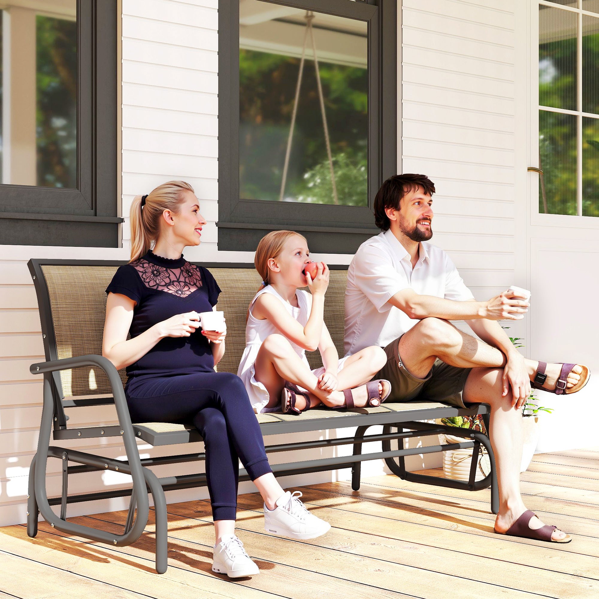 3-Seat Outdoor Glider Chair, Steel Frame, Sling Fabric, Brown, Garden Patio Rocking Chair-DECOROLALA
