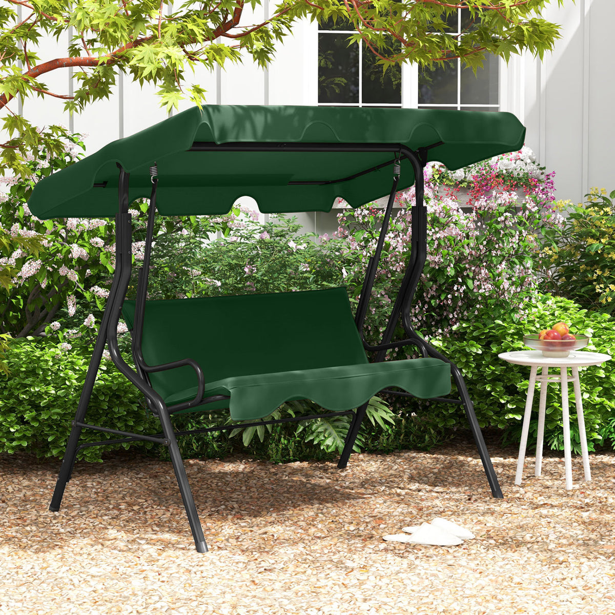 3 Seat Outdoor Patio Canopy Swing with Cushioned Steel Frame-Dark Green-Porch Swings-DECOROLALA