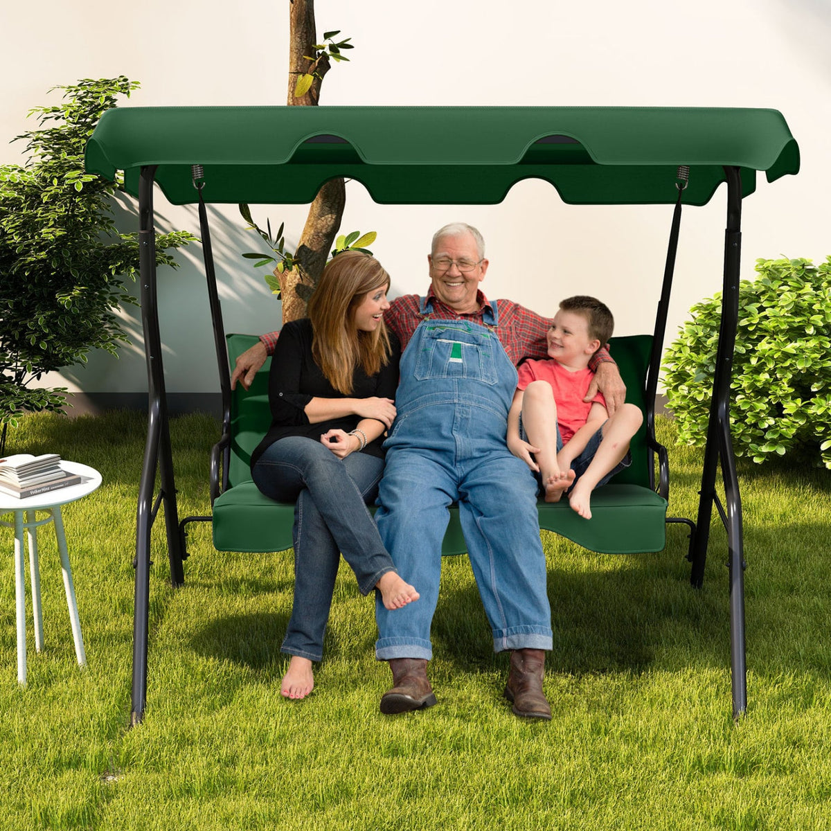 3 Seat Outdoor Patio Canopy Swing with Cushioned Steel Frame-Dark Green-Porch Swings-DECOROLALA
