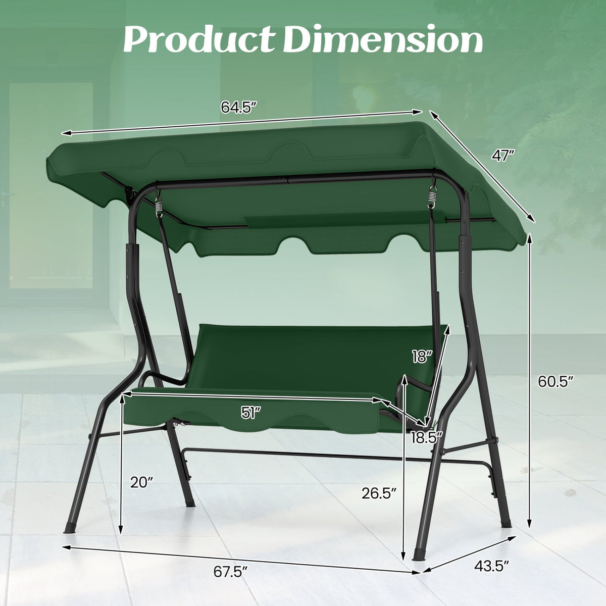 3 Seat Outdoor Patio Canopy Swing with Cushioned Steel Frame-Dark Green-Porch Swings-DECOROLALA