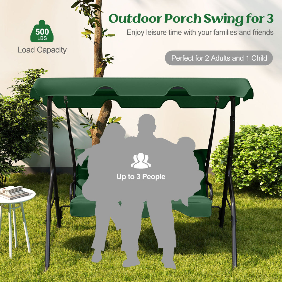 3 Seat Outdoor Patio Canopy Swing with Cushioned Steel Frame-Dark Green-Porch Swings-DECOROLALA