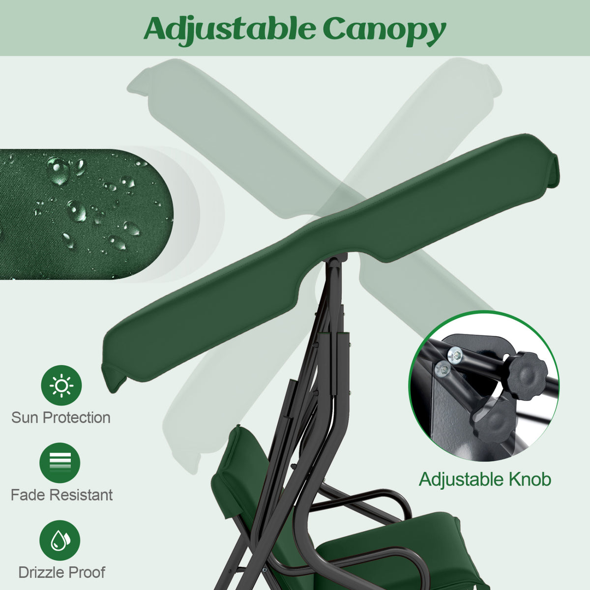 3 Seat Outdoor Patio Canopy Swing with Cushioned Steel Frame-Dark Green-Porch Swings-DECOROLALA