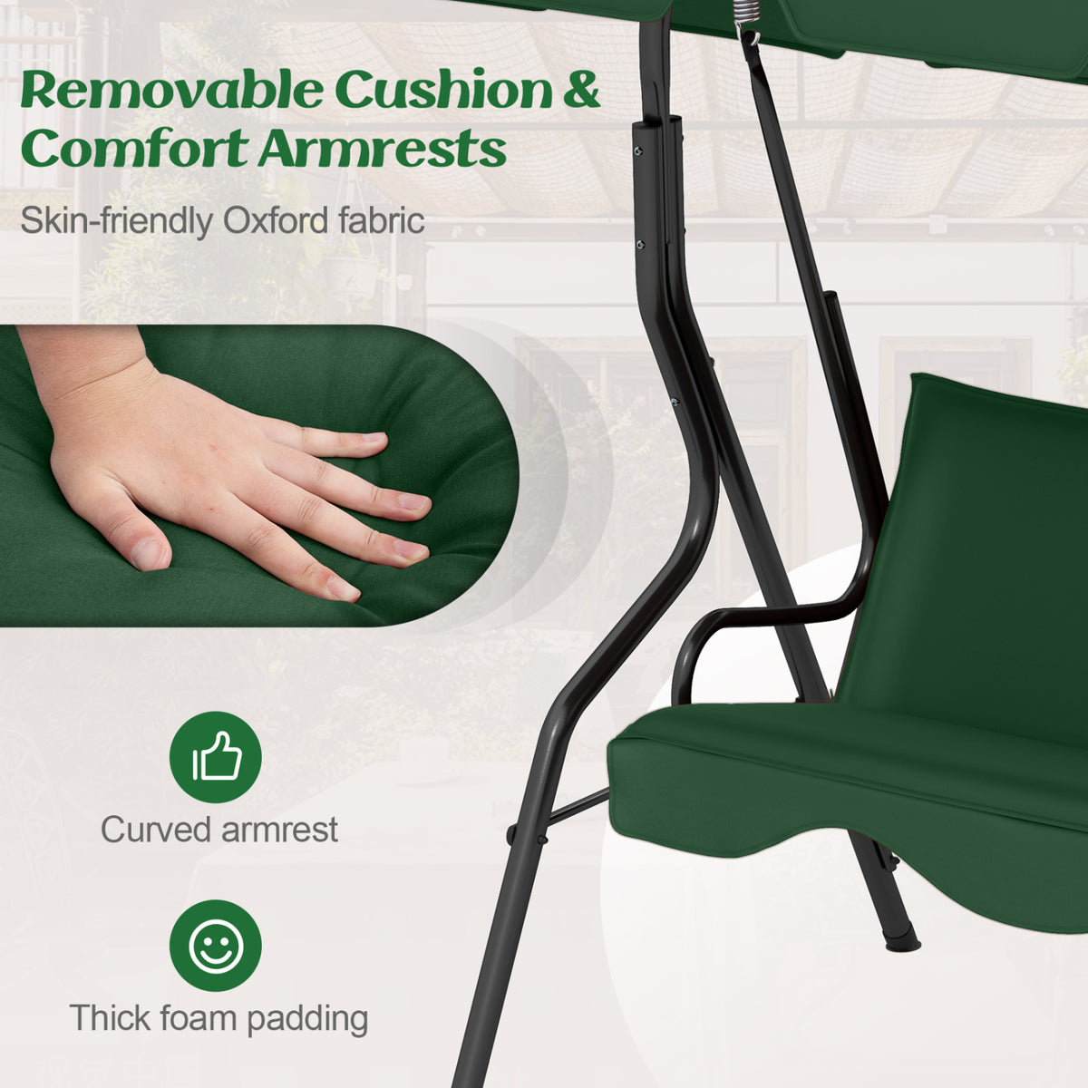 3 Seat Outdoor Patio Canopy Swing with Cushioned Steel Frame-Dark Green-Porch Swings-DECOROLALA