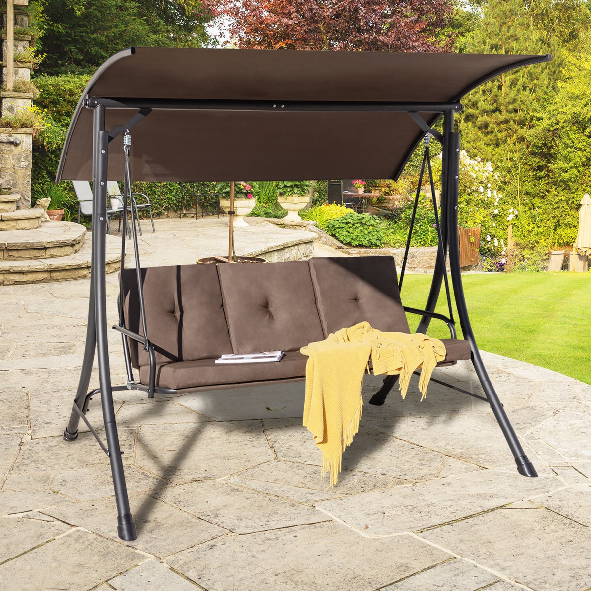 3-Seat Outdoor Porch Swing with Adjustable Canopy and Padded Cushions-Brown-Porch Swings-DECOROLALA