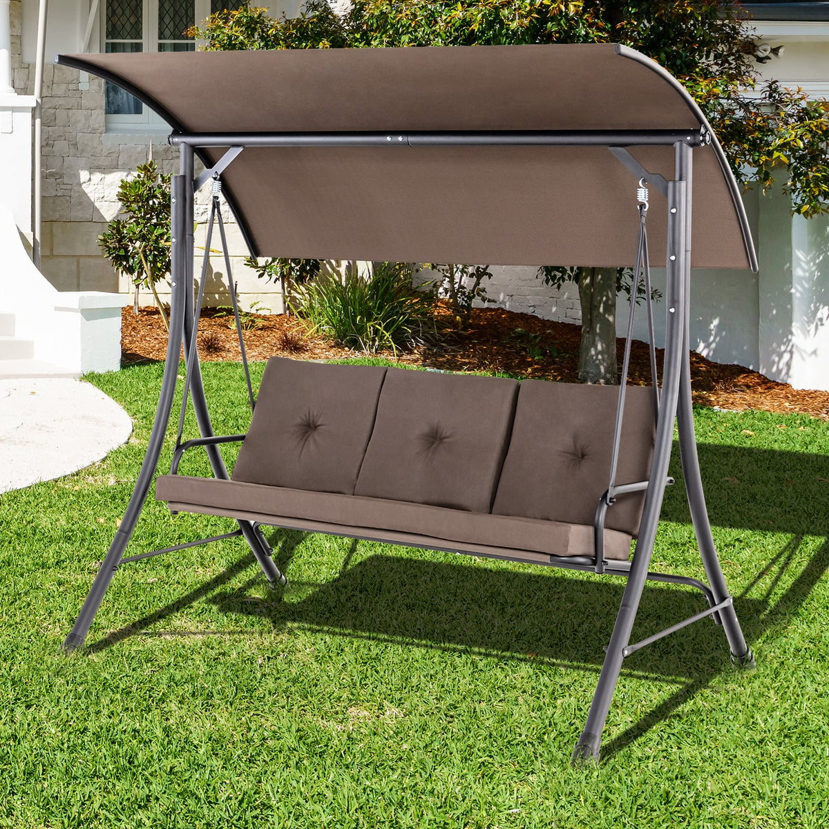 3-Seat Outdoor Porch Swing with Adjustable Canopy and Padded Cushions-Brown-Porch Swings-DECOROLALA