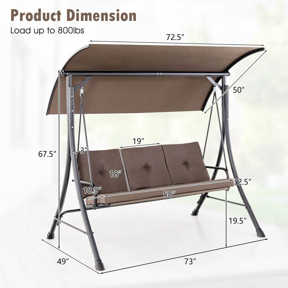 3-Seat Outdoor Porch Swing with Adjustable Canopy and Padded Cushions-Brown-Porch Swings-DECOROLALA
