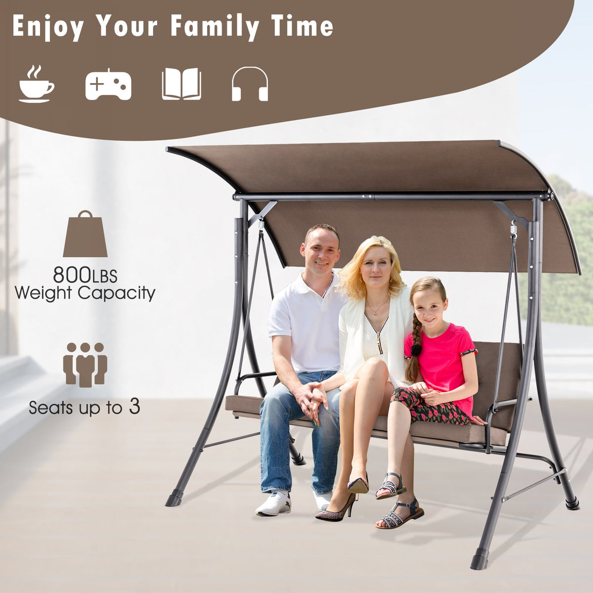 3-Seat Outdoor Porch Swing with Adjustable Canopy and Padded Cushions-Brown-Porch Swings-DECOROLALA