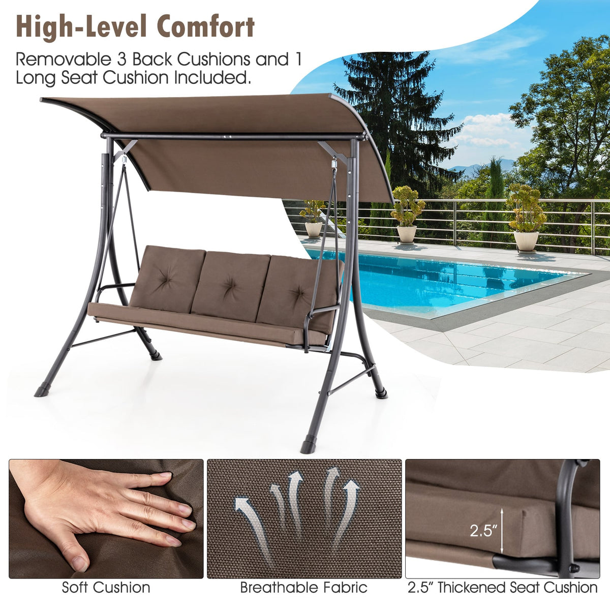 3-Seat Outdoor Porch Swing with Adjustable Canopy and Padded Cushions-Brown-Porch Swings-DECOROLALA