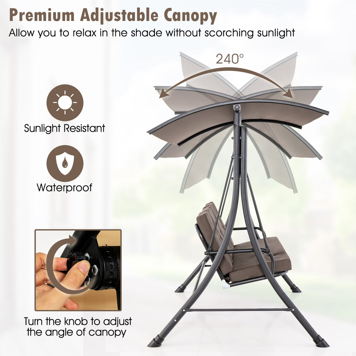 3-Seat Outdoor Porch Swing with Adjustable Canopy and Padded Cushions-Brown-Porch Swings-DECOROLALA