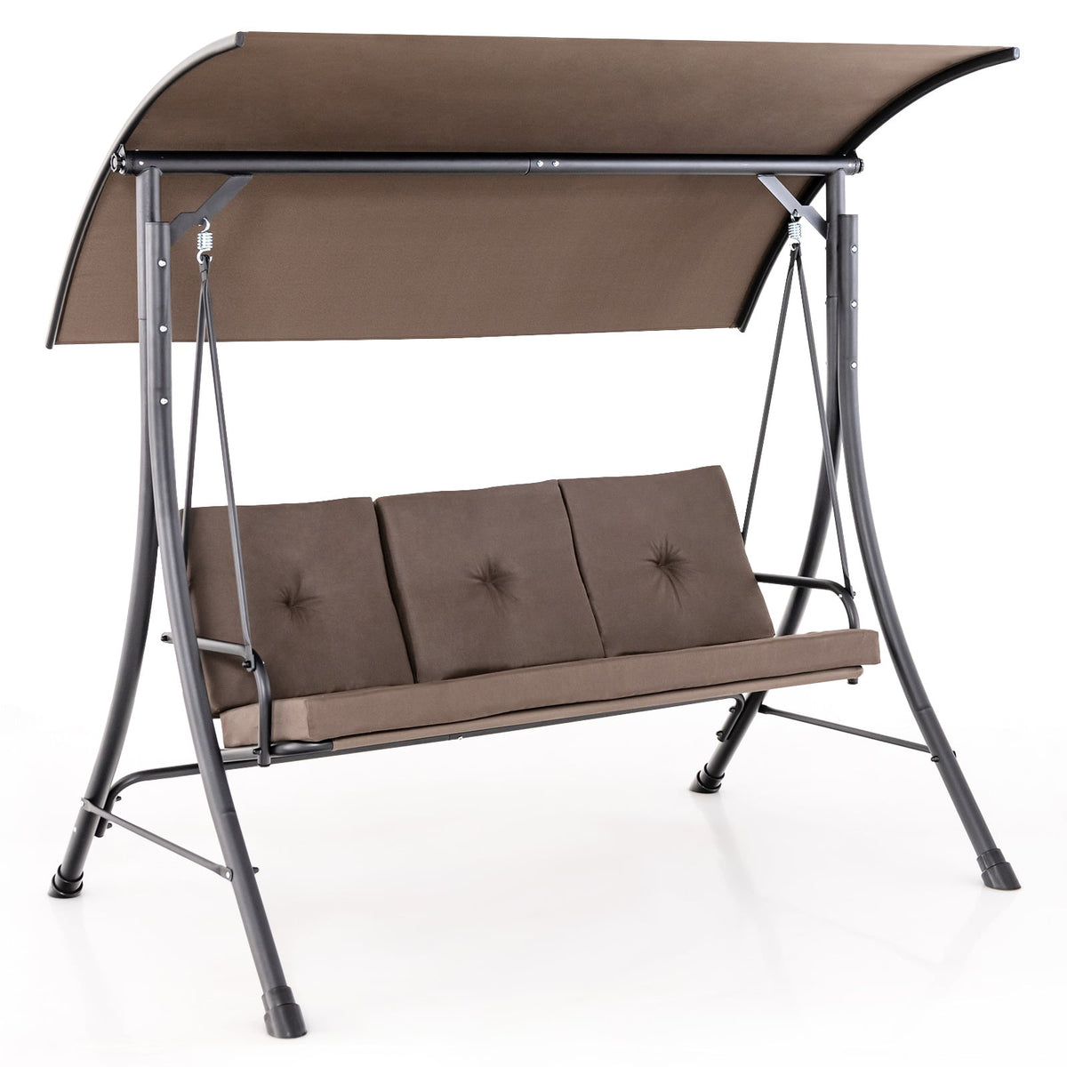 3-Seat Outdoor Porch Swing with Adjustable Canopy and Padded Cushions-Brown-Porch Swings-DECOROLALA