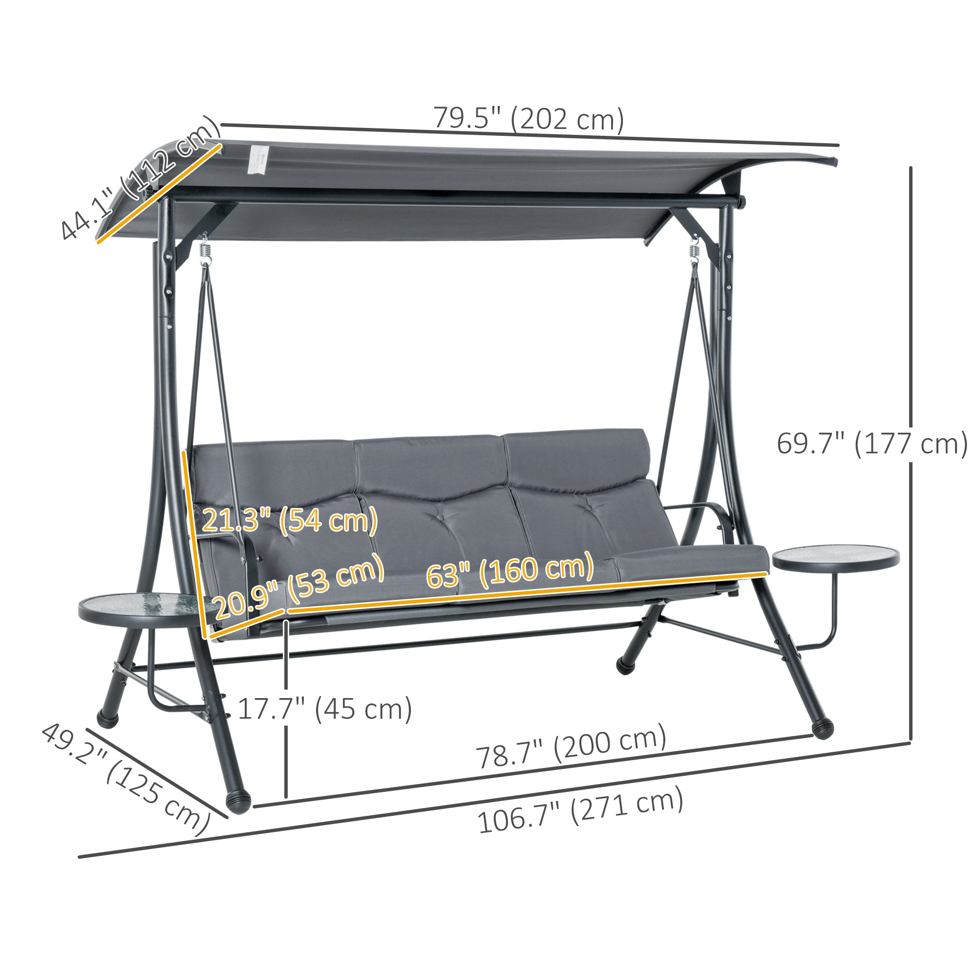3 Seat Outdoor Swing Chair - Dark Grey Steel Canopy-DECOROLALA