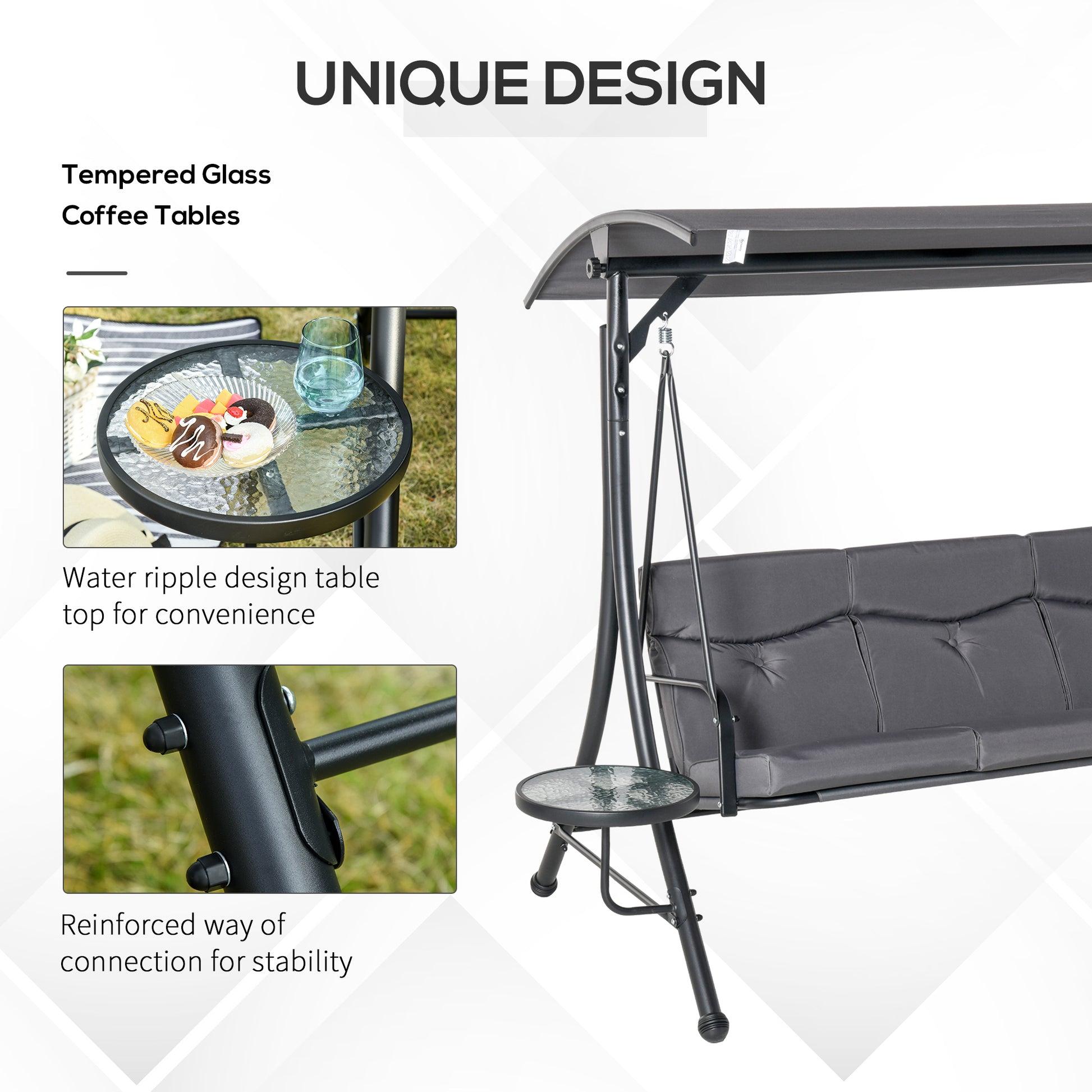 3 Seat Outdoor Swing Chair - Dark Grey Steel Canopy-DECOROLALA