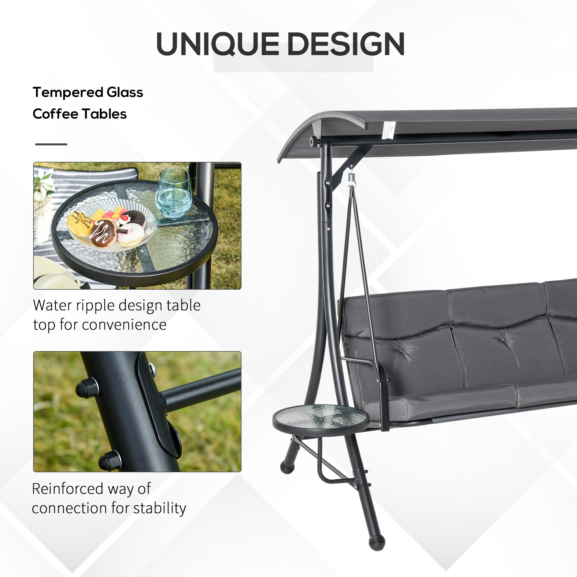 3 Seat Outdoor Swing Chair - Dark Grey Steel Canopy-DECOROLALA