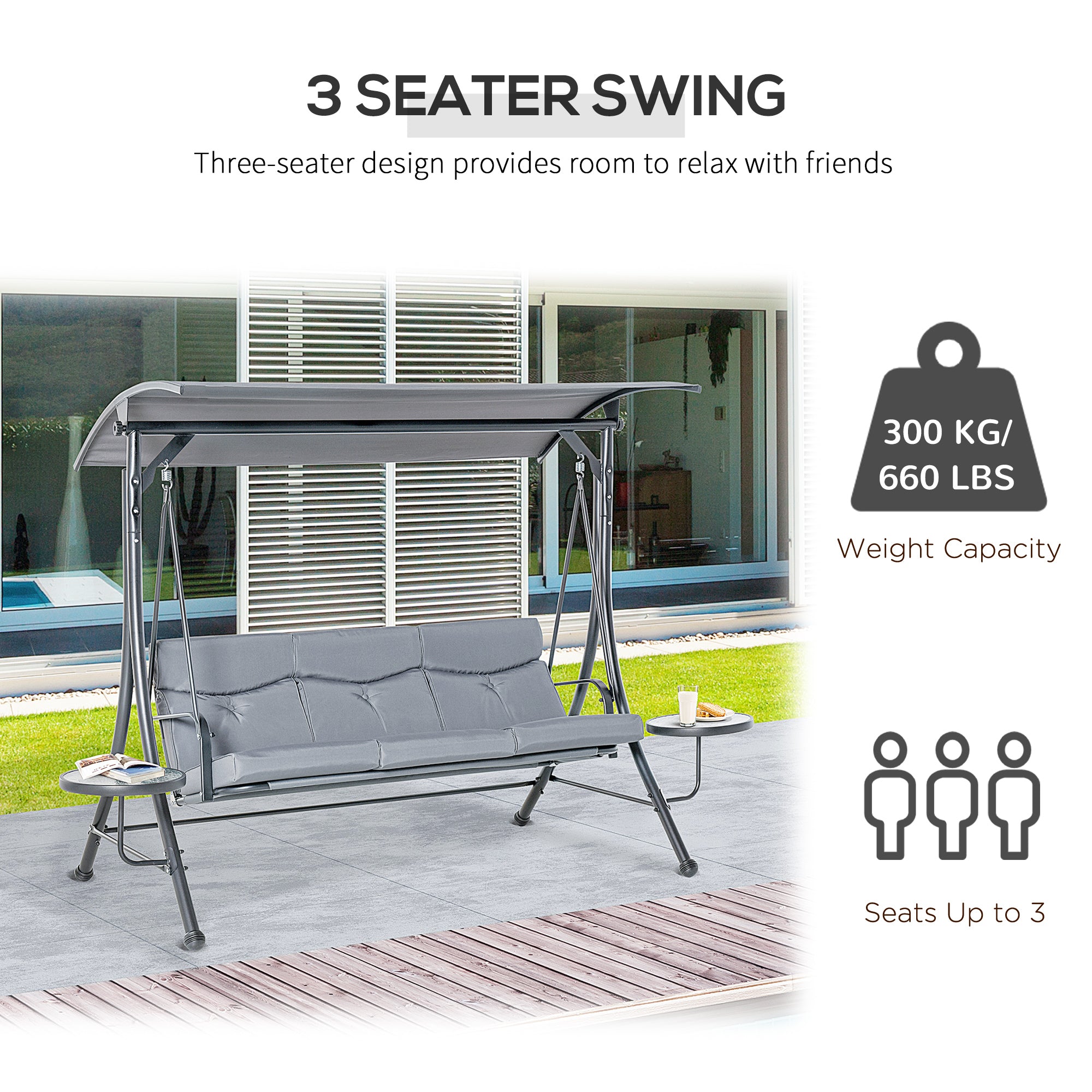 3 Seat Outdoor Swing Chair - Dark Grey Steel Canopy-DECOROLALA