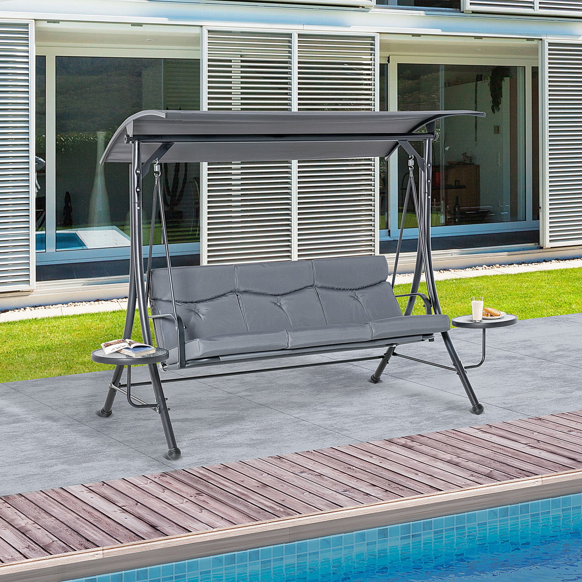 3 Seat Outdoor Swing Chair - Dark Grey Steel Canopy-DECOROLALA