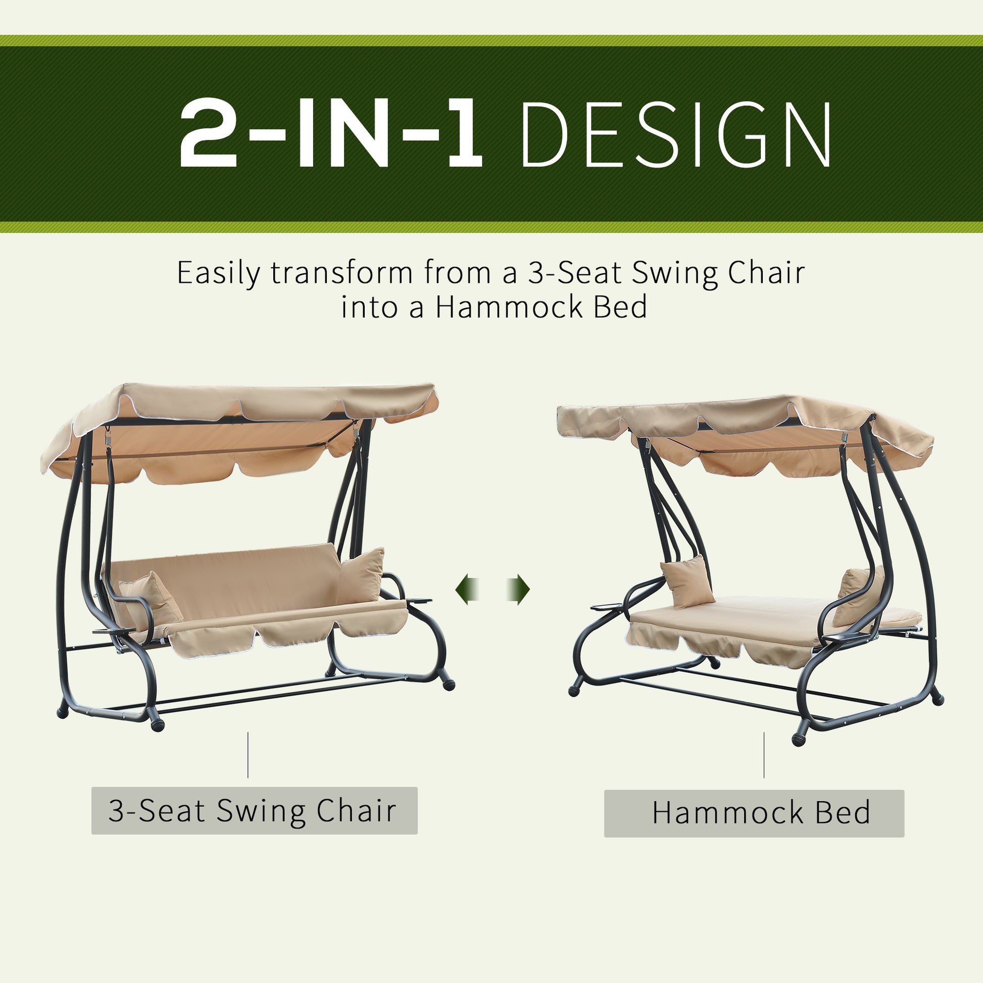 3-Seat Patio Swing Bed 2-in-1 Convertible Canopy Beige-DECOROLALA