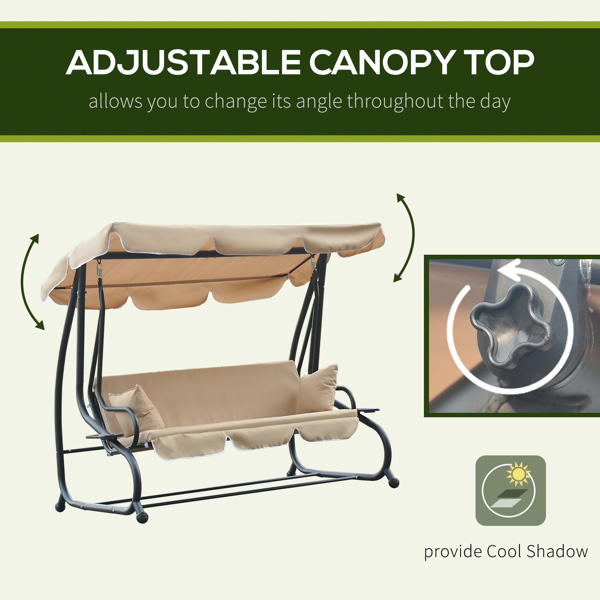 3-Seat Patio Swing Bed 2-in-1 Convertible Canopy Beige-DECOROLALA