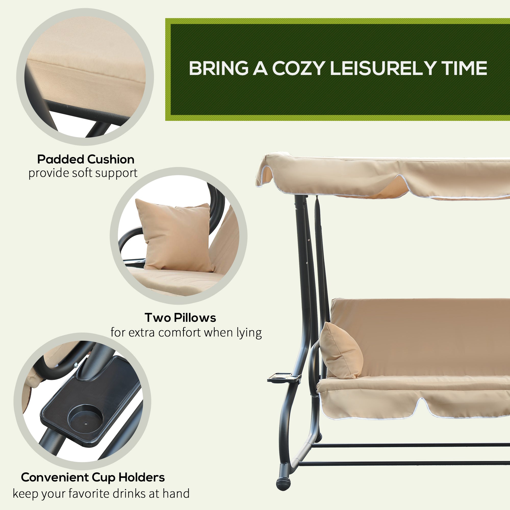 3-Seat Patio Swing Bed 2-in-1 Convertible Canopy Beige-DECOROLALA