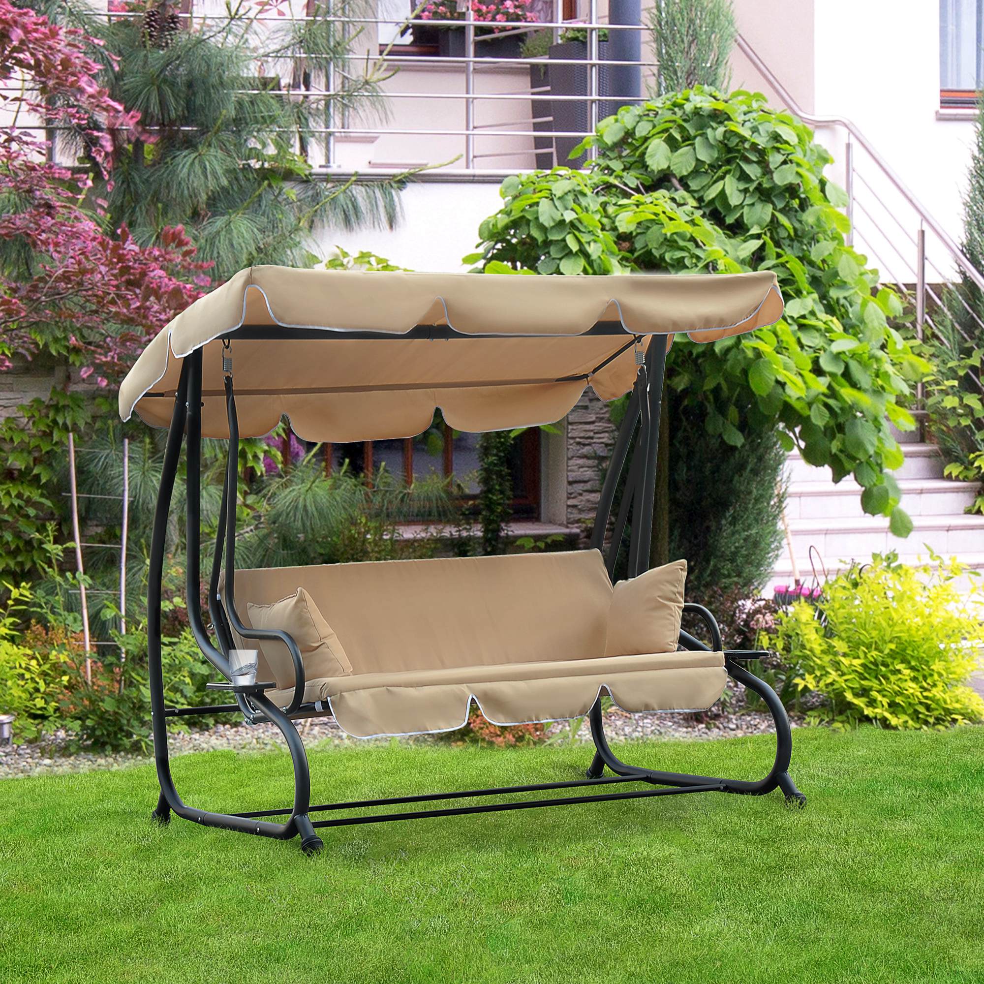 3-Seat Patio Swing Bed 2-in-1 Convertible Canopy Beige-DECOROLALA