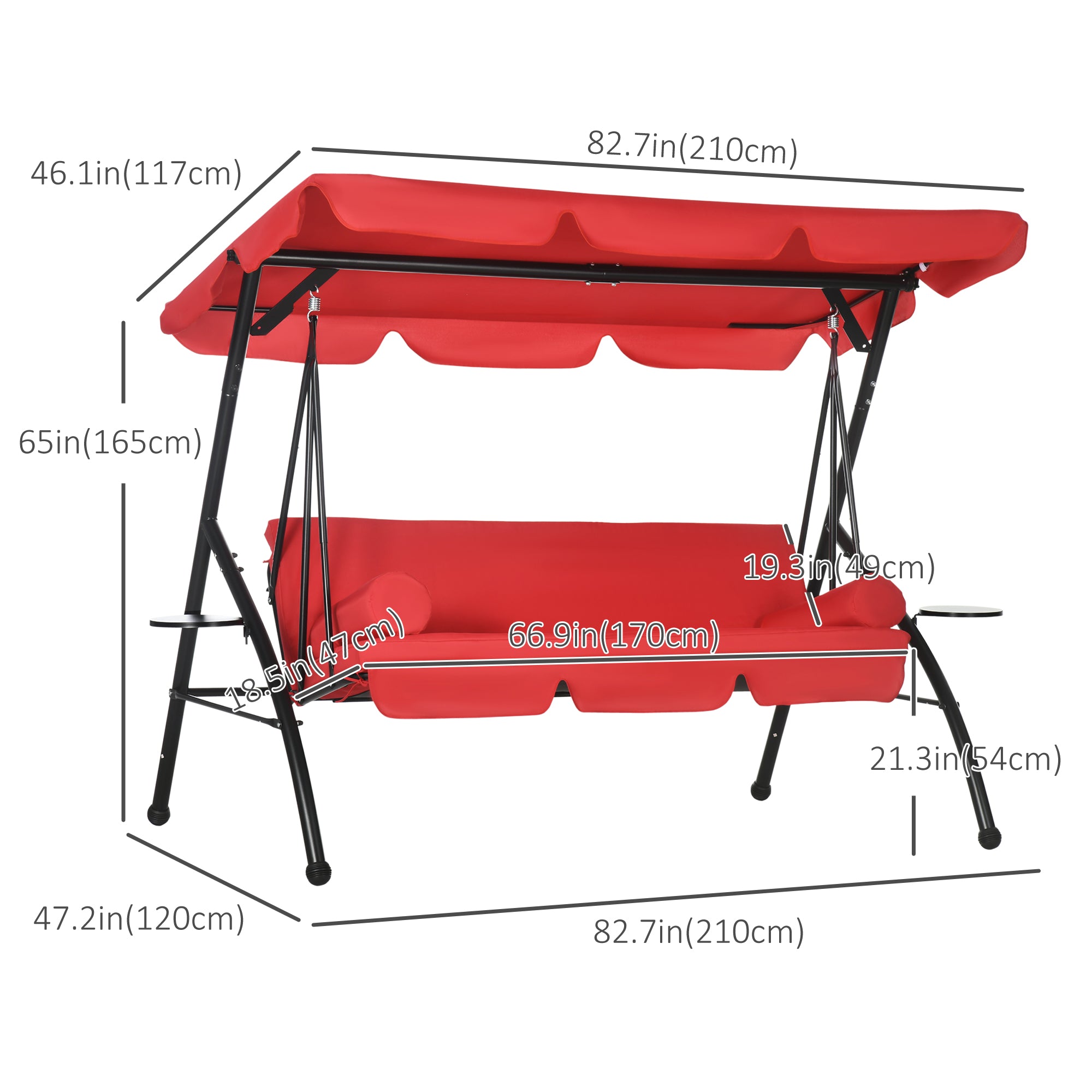 3-Seat Patio Swing Bed Red Convertible Canopy-DECOROLALA