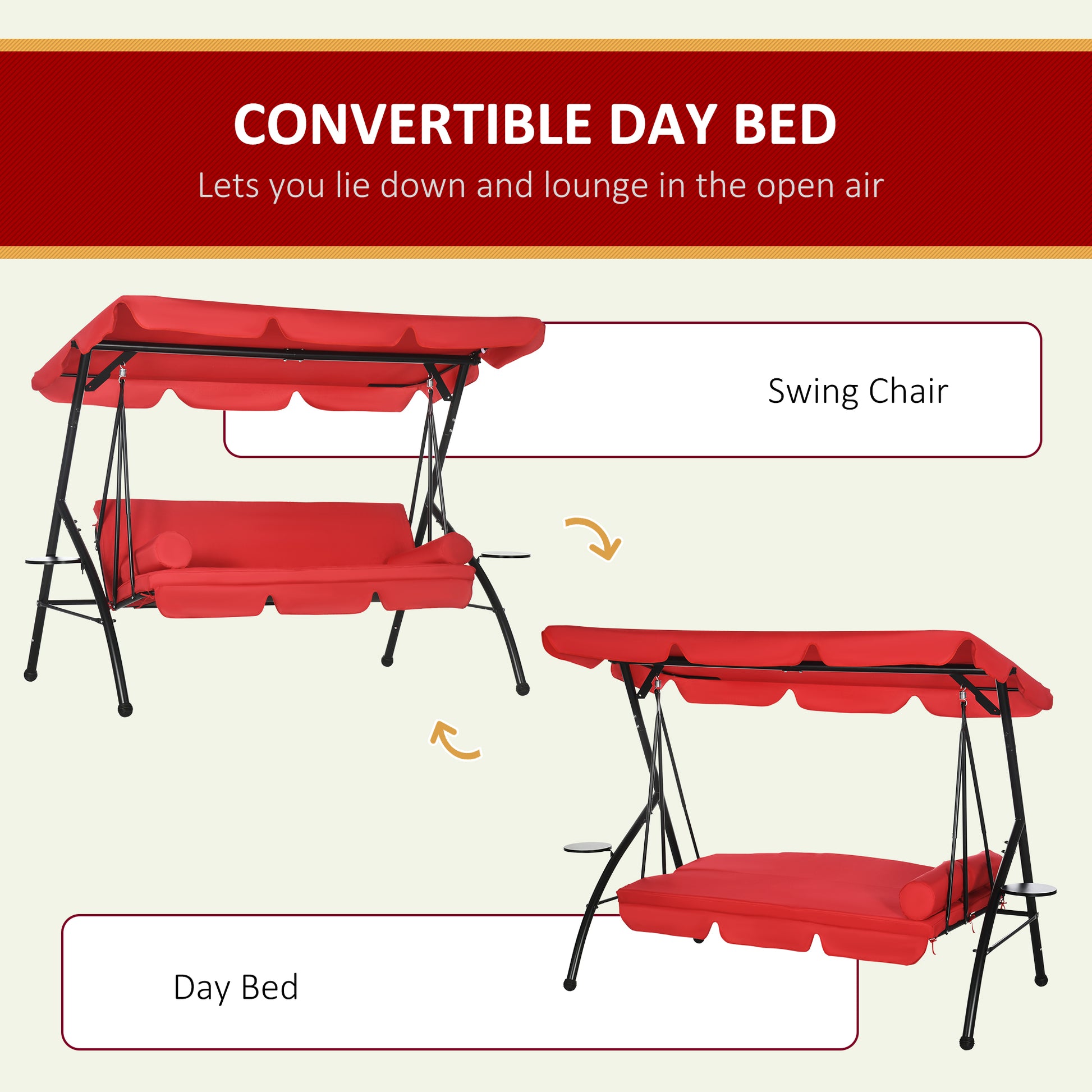 3-Seat Patio Swing Bed Red Convertible Canopy-DECOROLALA