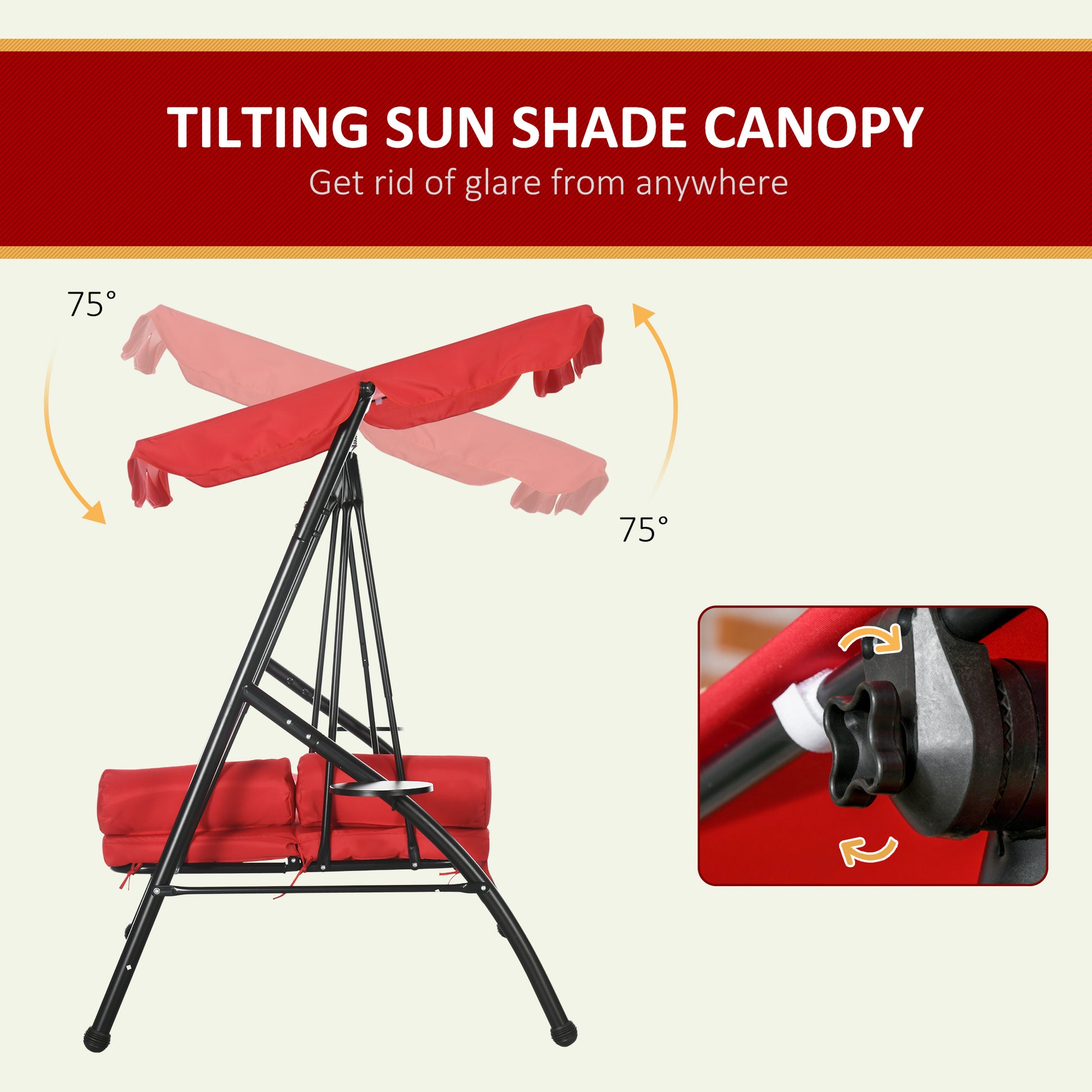 3-Seat Patio Swing Bed Red Convertible Canopy-DECOROLALA