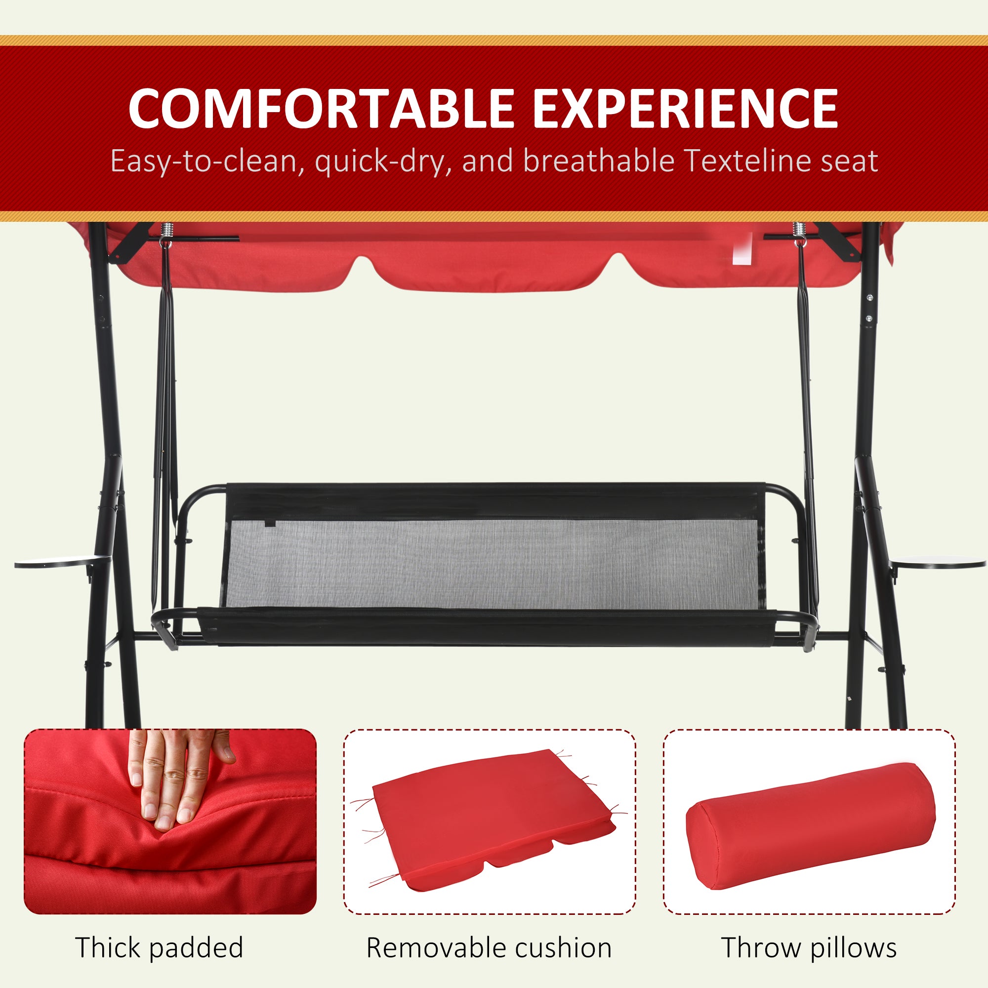 3-Seat Patio Swing Bed Red Convertible Canopy-DECOROLALA