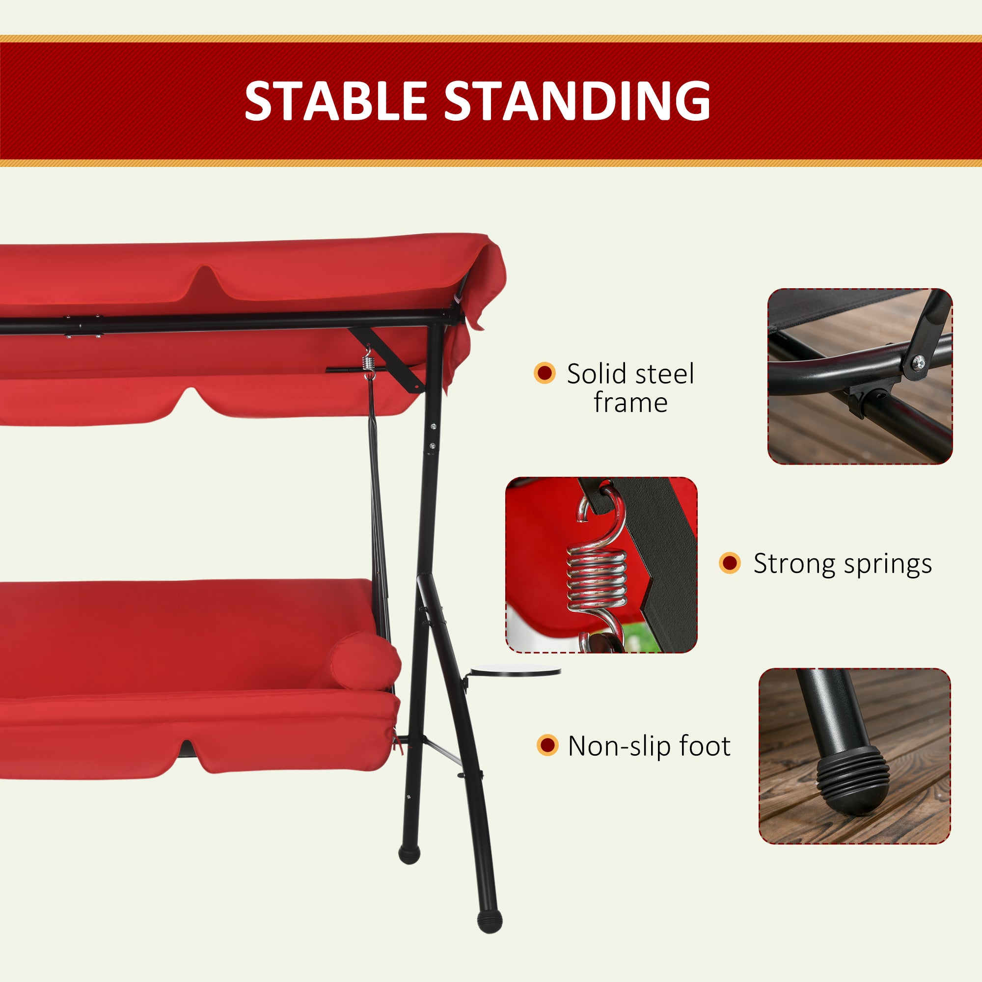 3-Seat Patio Swing Bed Red Convertible Canopy-DECOROLALA