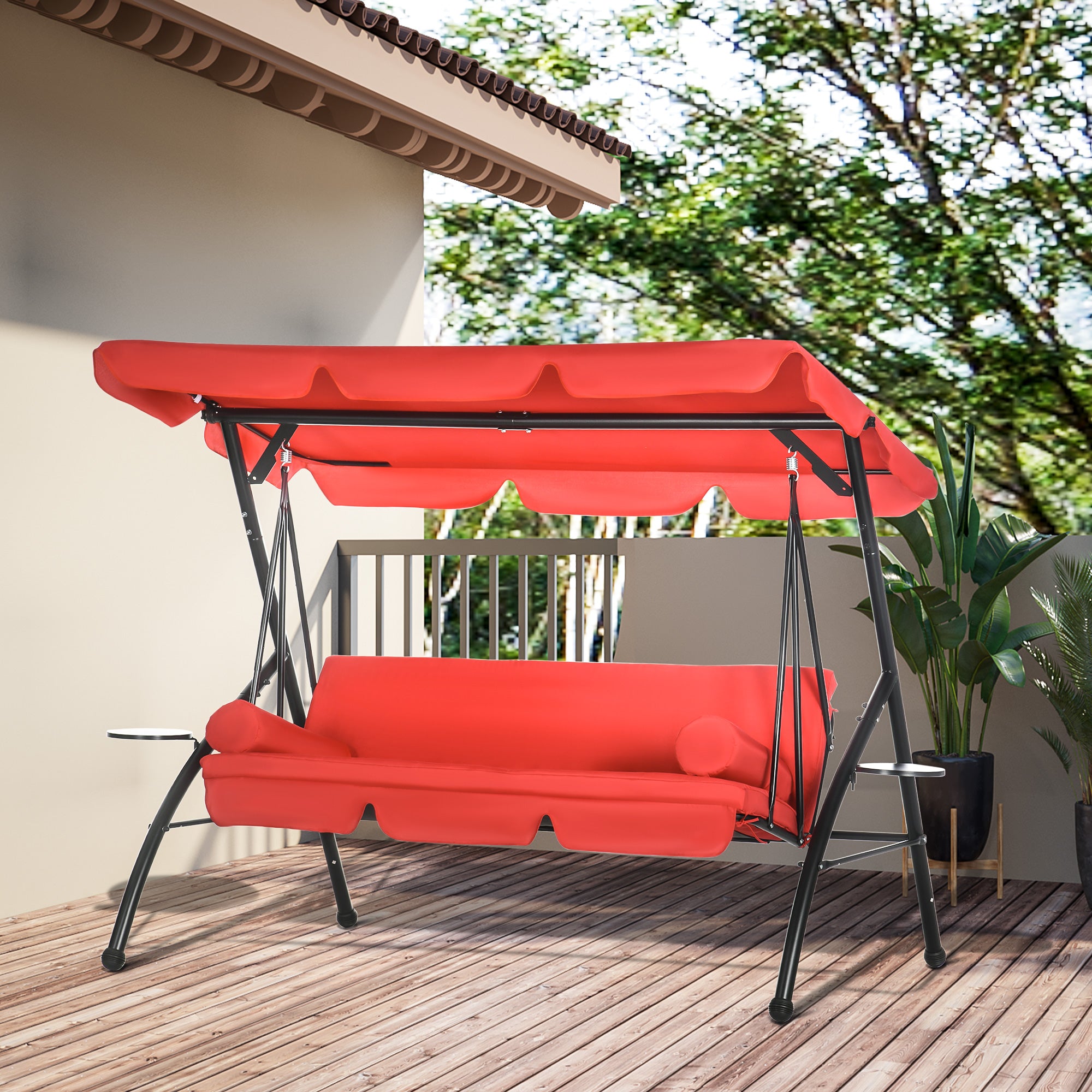 3-Seat Patio Swing Bed Red Convertible Canopy-DECOROLALA