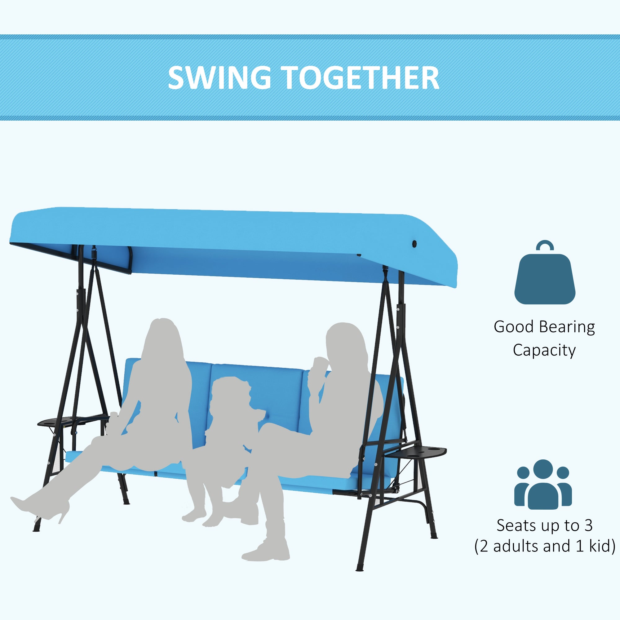 3-Seat Patio Swing Blue Adjustable Canopy-DECOROLALA