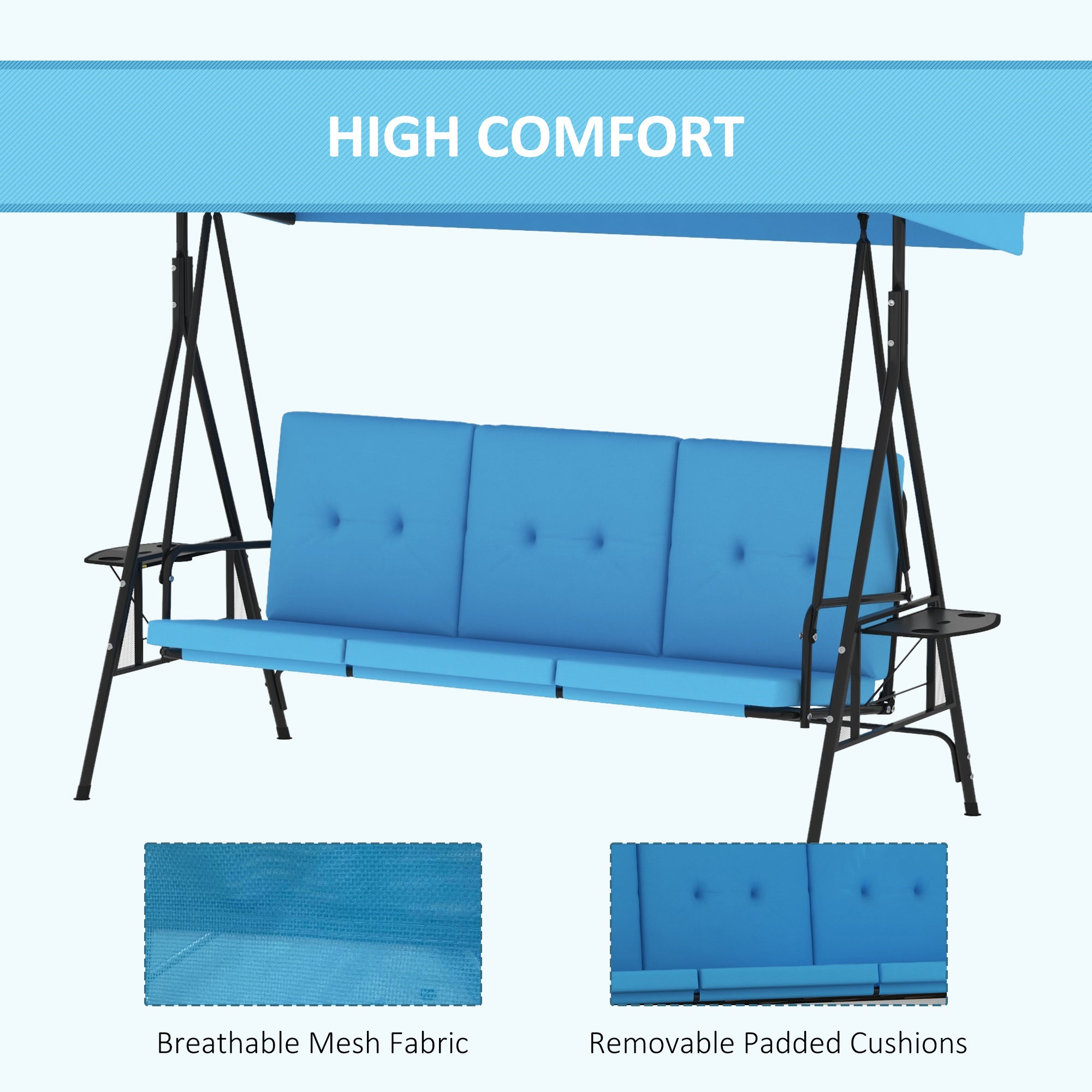 3-Seat Patio Swing Blue Adjustable Canopy-DECOROLALA