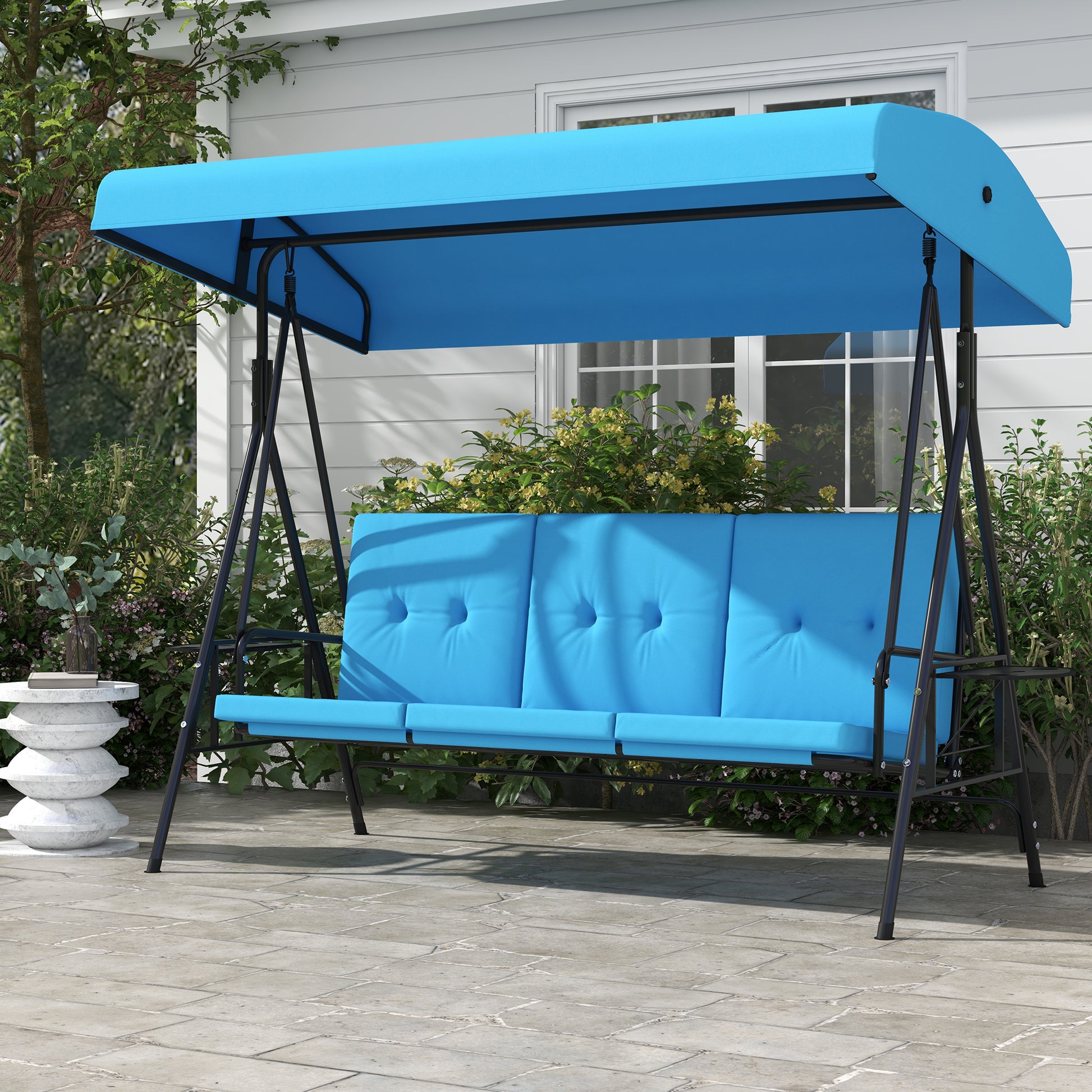 3-Seat Patio Swing Blue Adjustable Canopy-DECOROLALA