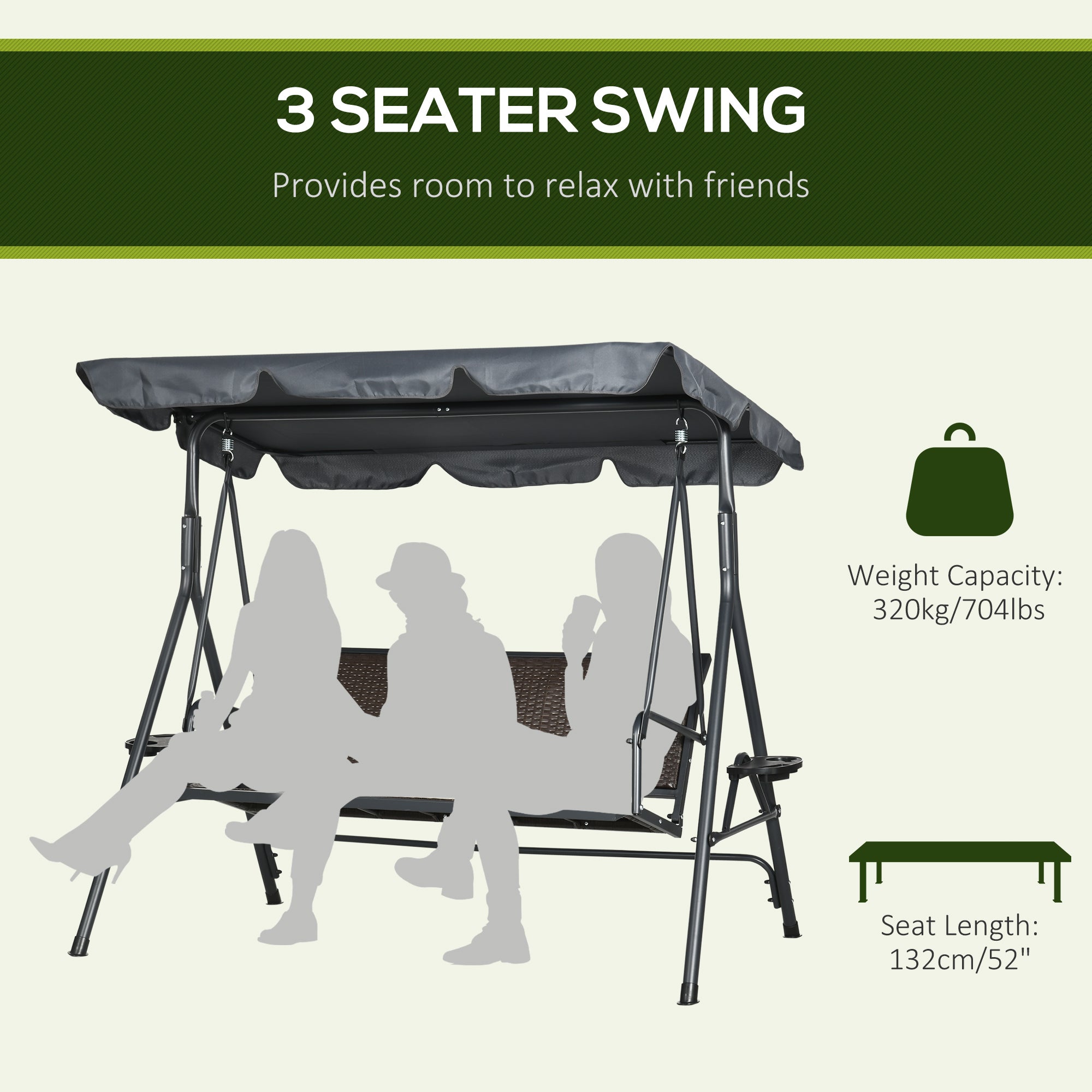 3-Seat Patio Swing Chair Dark Grey Canopy-DECOROLALA
