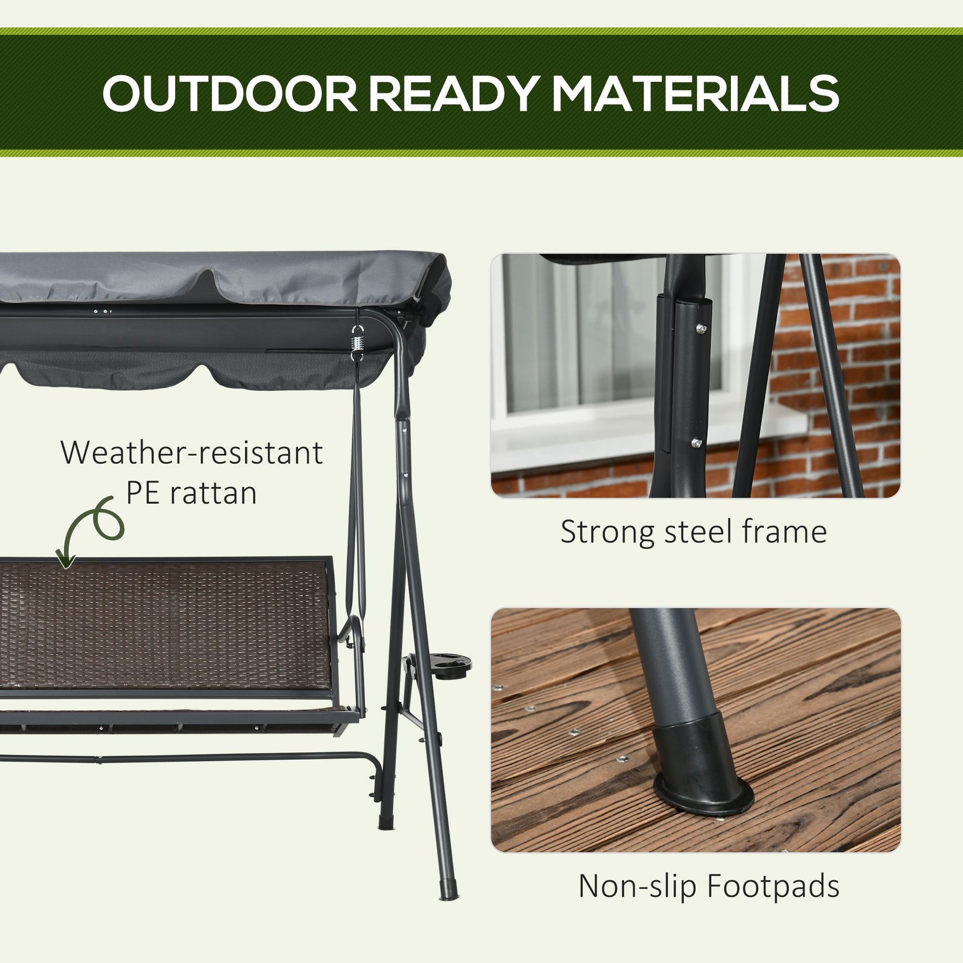 3-Seat Patio Swing Chair Dark Grey Canopy-DECOROLALA