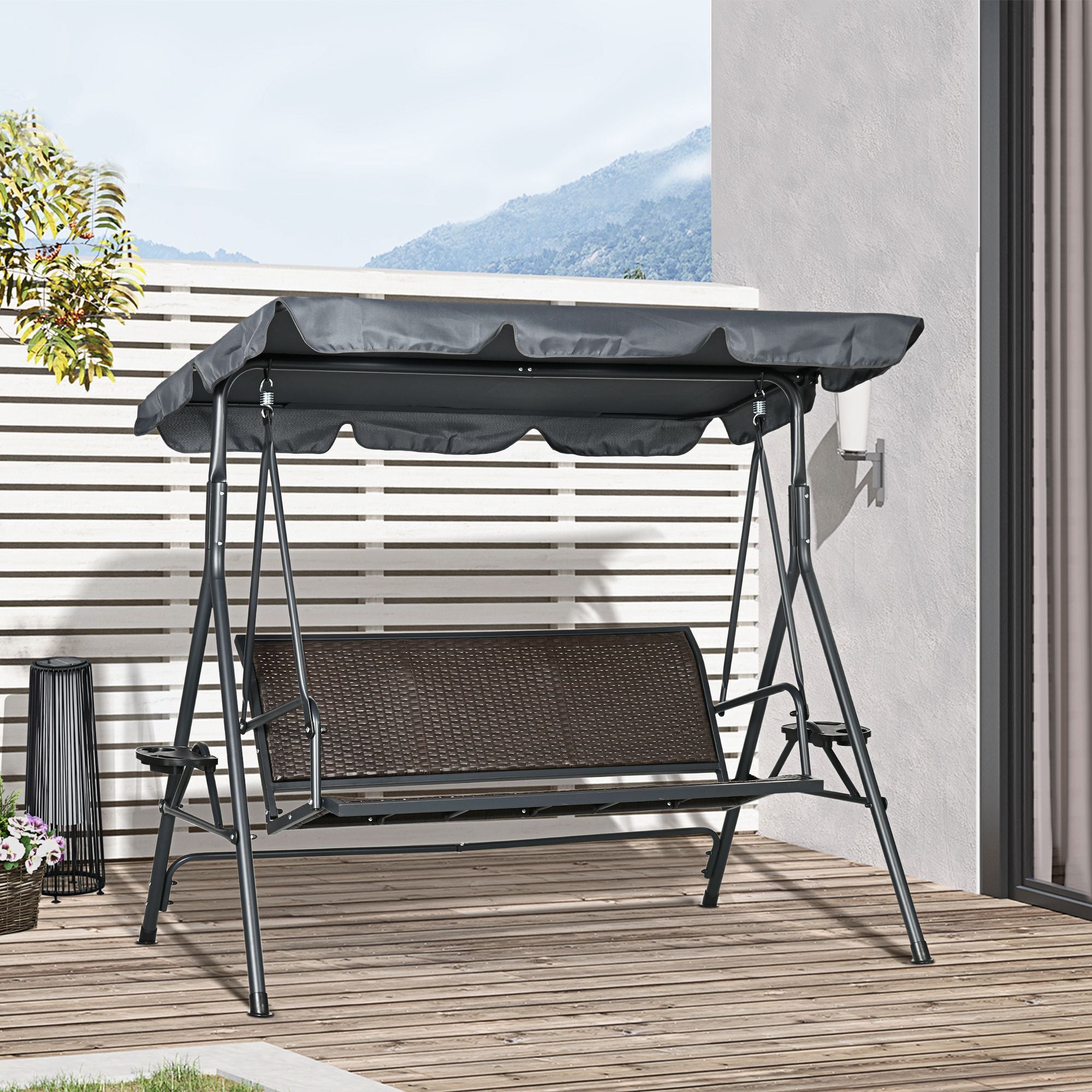 3-Seat Patio Swing Chair Dark Grey Canopy-DECOROLALA