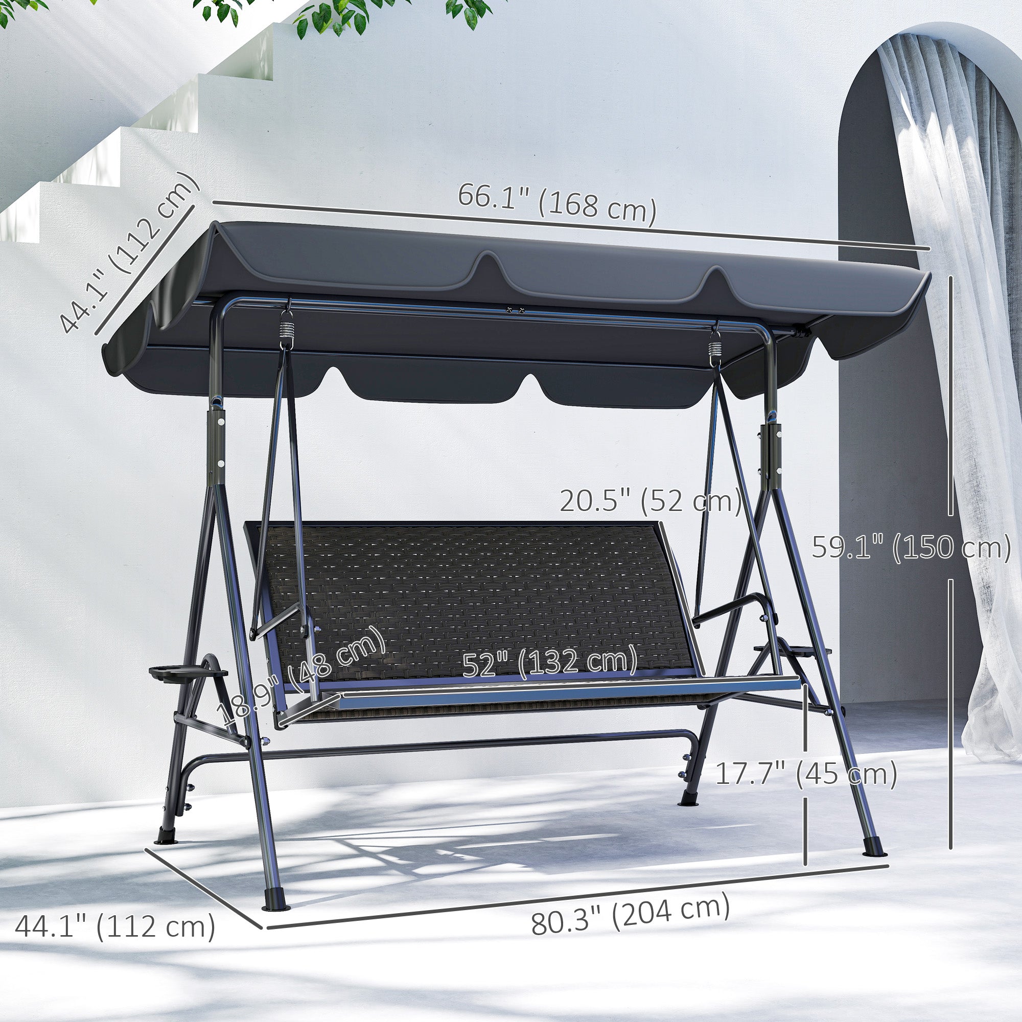3-Seat Patio Swing Chair Grey Canopy-DECOROLALA