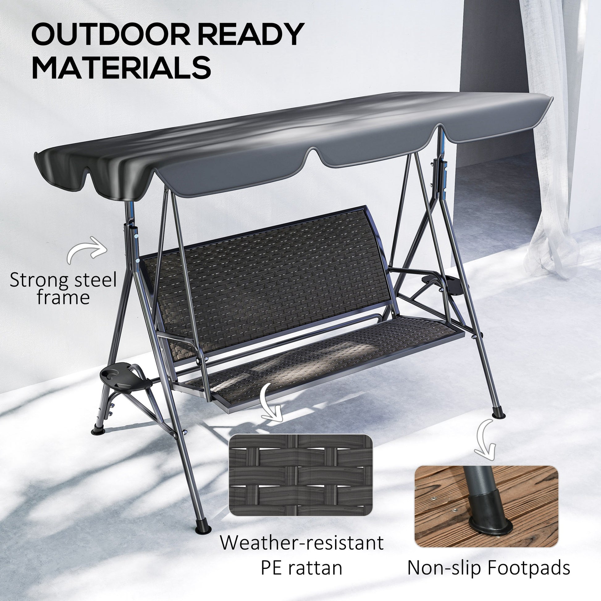 3-Seat Patio Swing Chair Grey Canopy-DECOROLALA