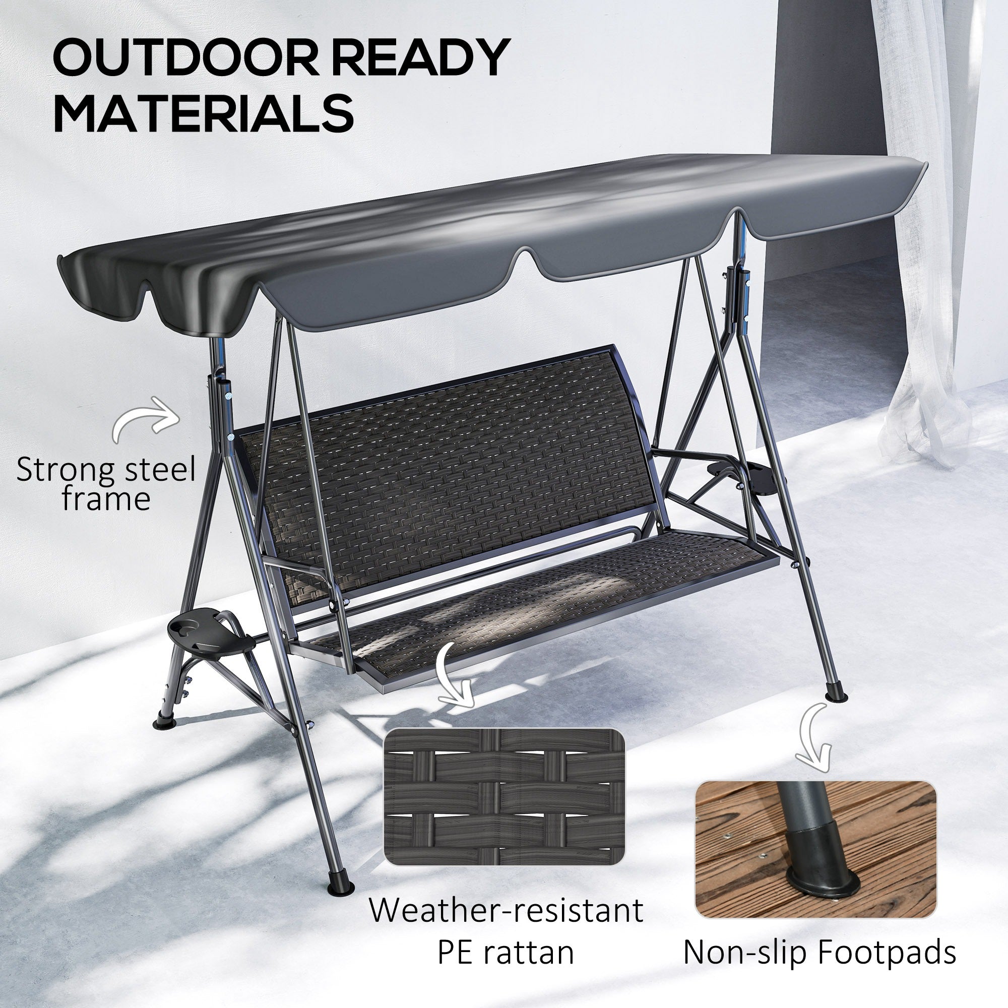 3-Seat Patio Swing Chair Grey Canopy-DECOROLALA