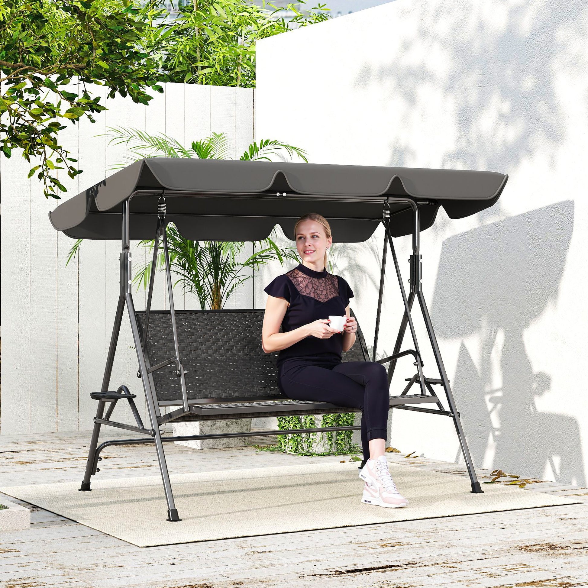 3-Seat Patio Swing Chair Grey Canopy-DECOROLALA