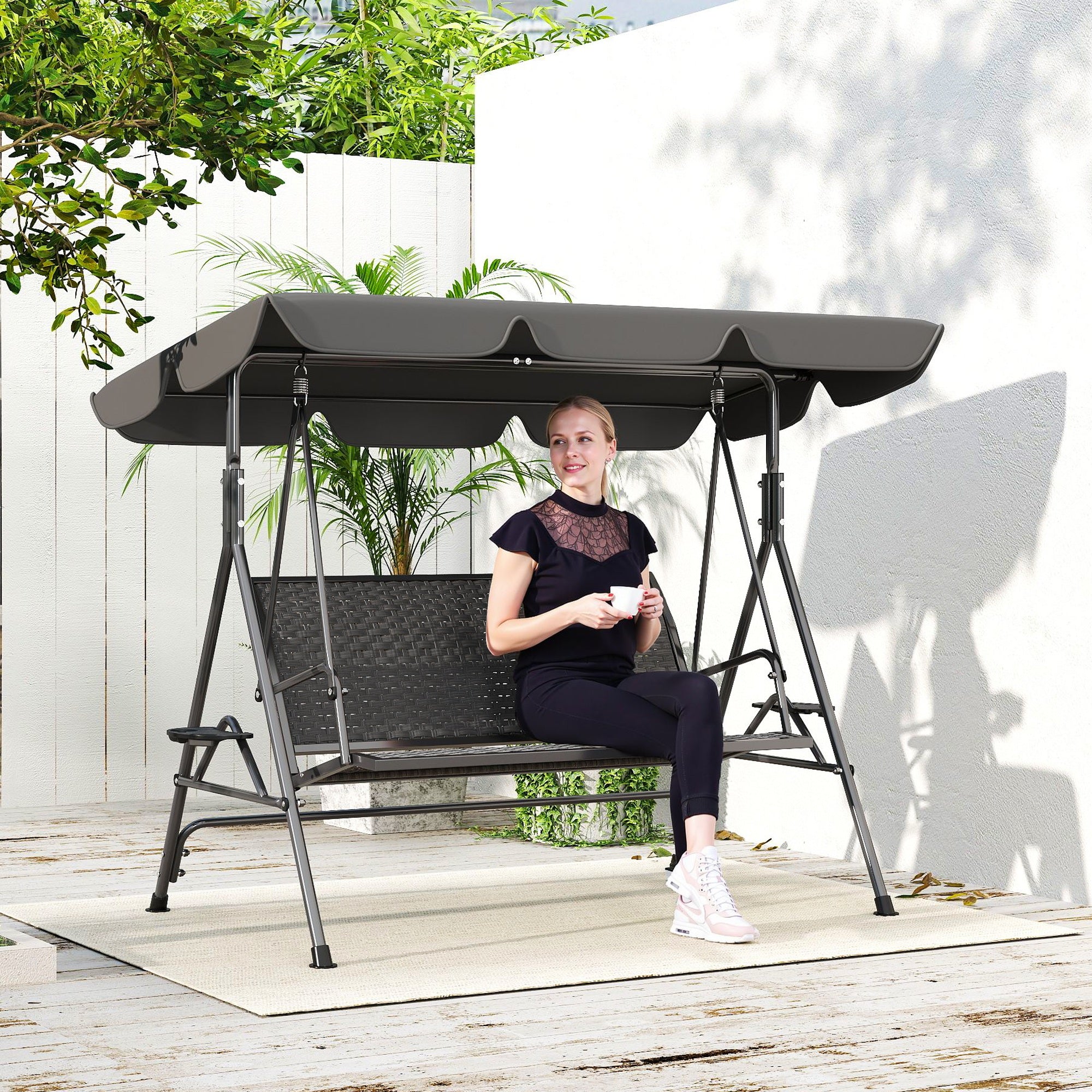 3-Seat Patio Swing Chair Grey Canopy-DECOROLALA