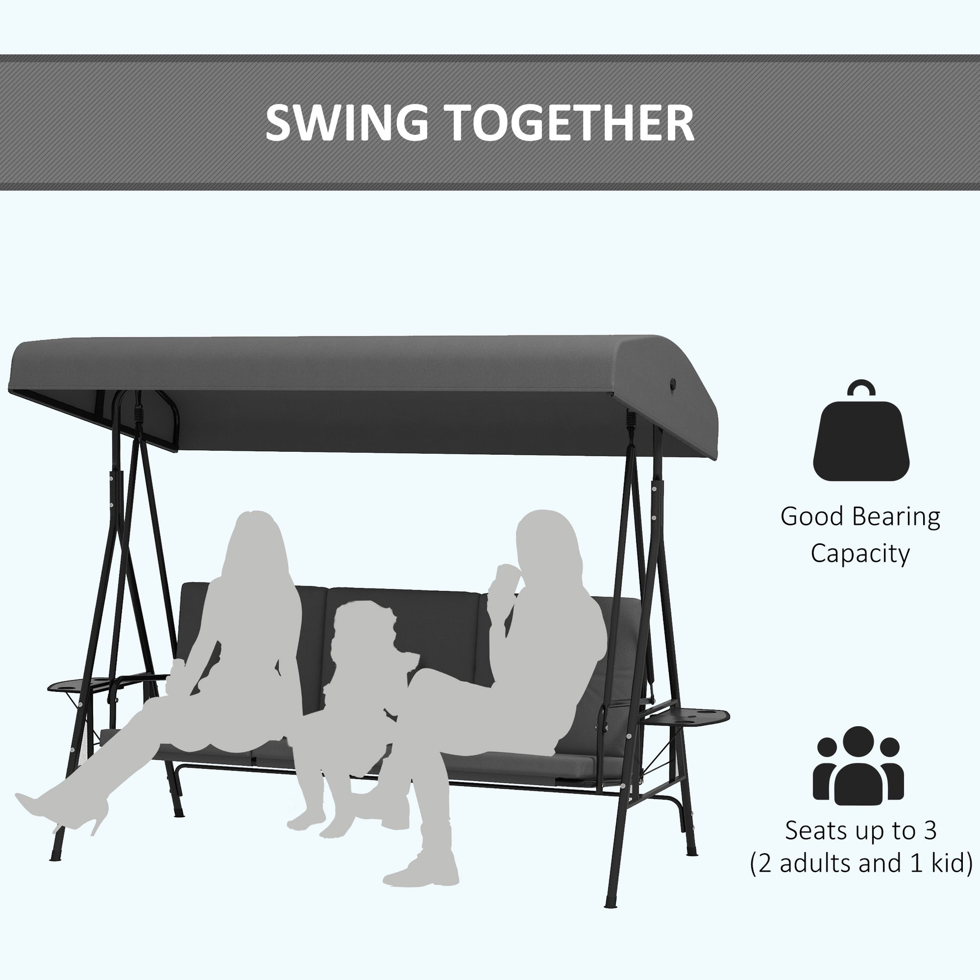 3-Seat Patio Swing - Grey Canopy Cushion-DECOROLALA