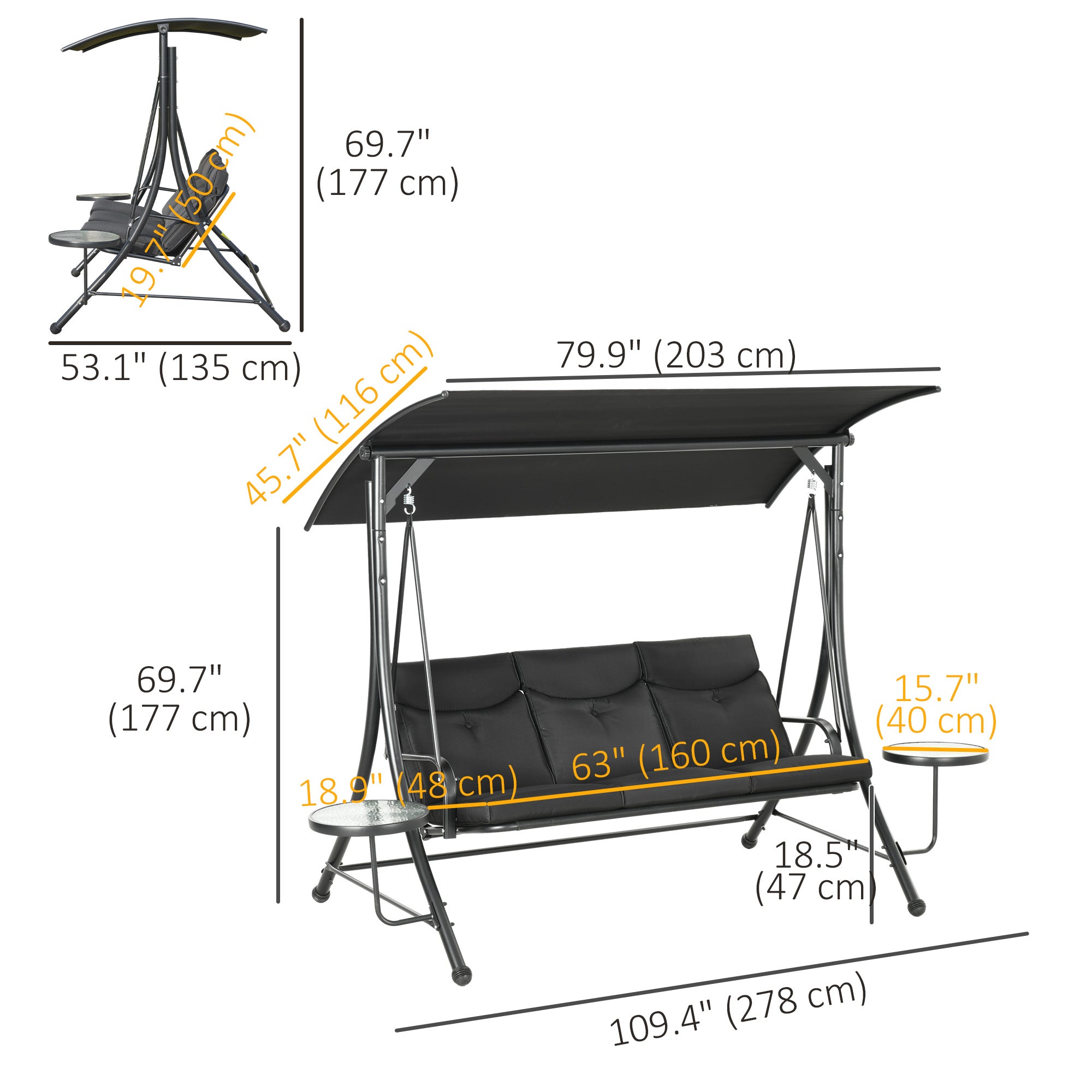 3 Seat Porch Swing Chair Steel Canopy Black-DECOROLALA