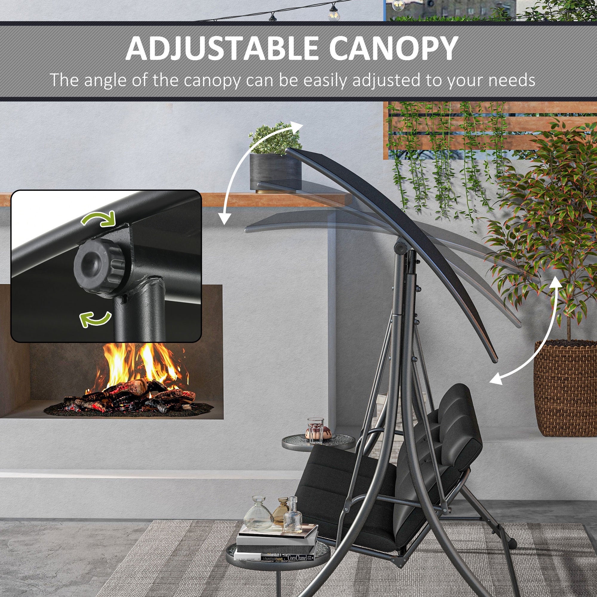3 Seat Porch Swing Chair Steel Canopy Black-DECOROLALA