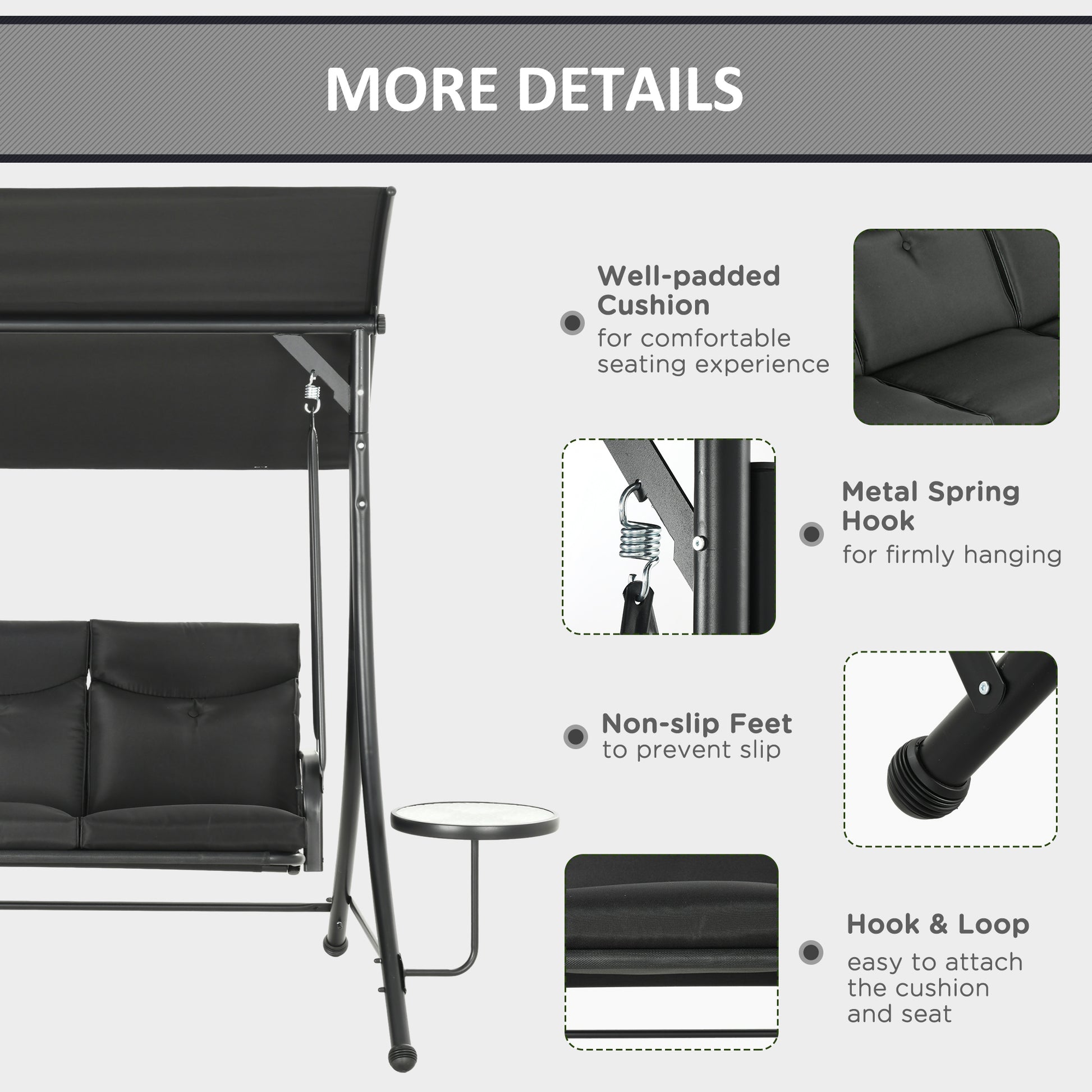3 Seat Porch Swing Chair Steel Canopy Black-DECOROLALA