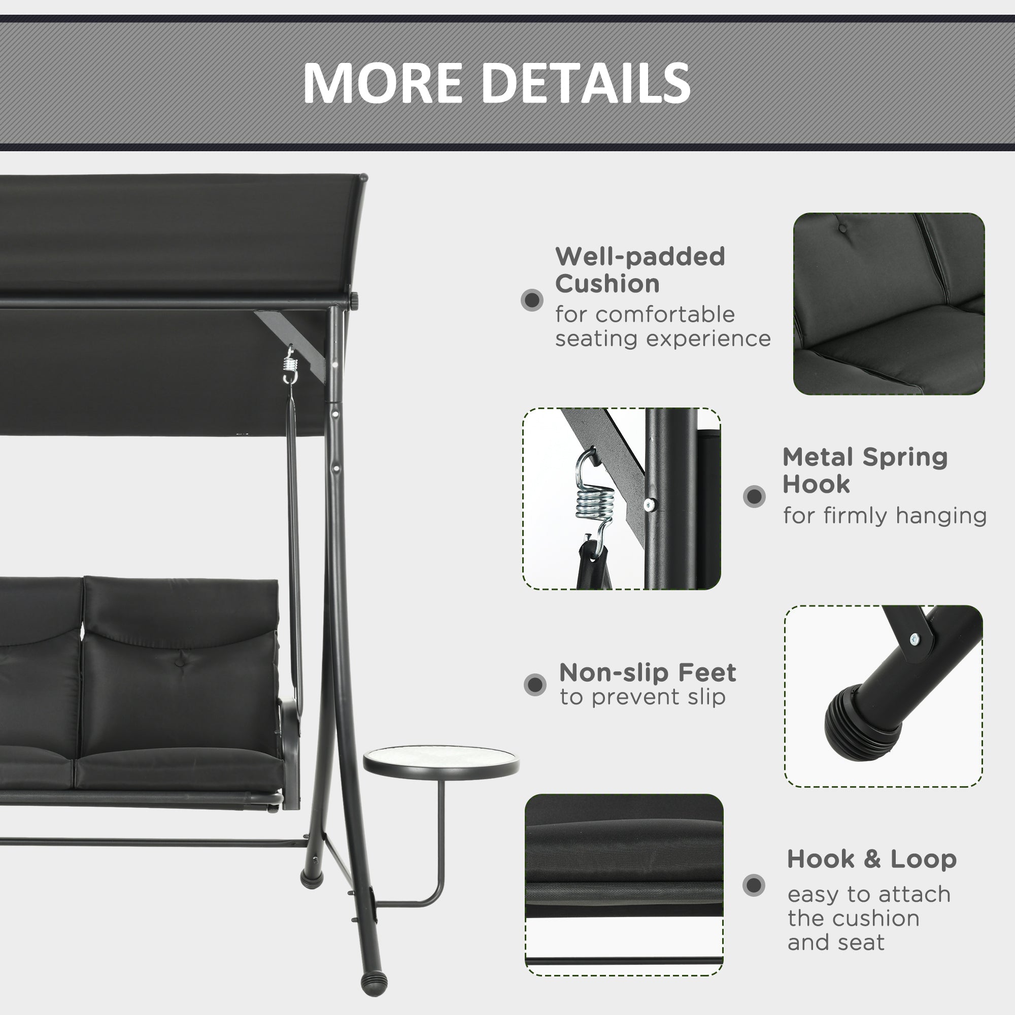 3 Seat Porch Swing Chair Steel Canopy Black-DECOROLALA