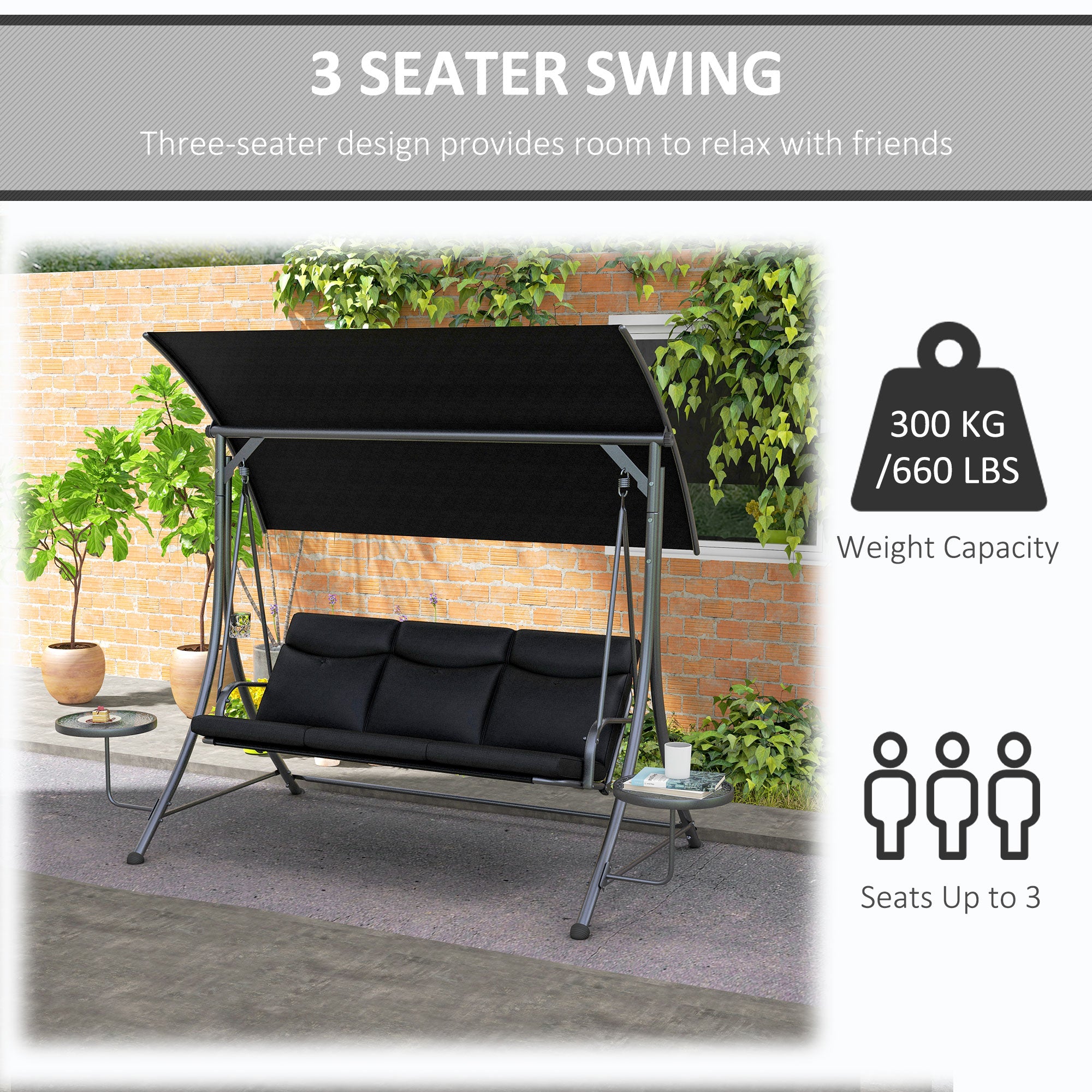 3 Seat Porch Swing Chair Steel Canopy Black-DECOROLALA